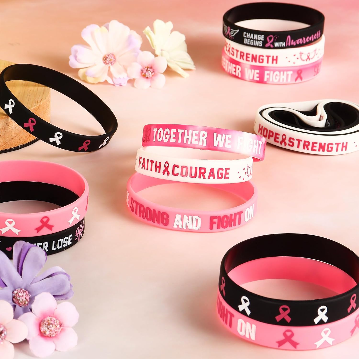 30 PCS Breast Cancer Awareness Silicone Bracelets with Pink Ribbon, Hope Faith Strength Courage Rubber Wristbands Gifts for women Girls Party Favors Supplies