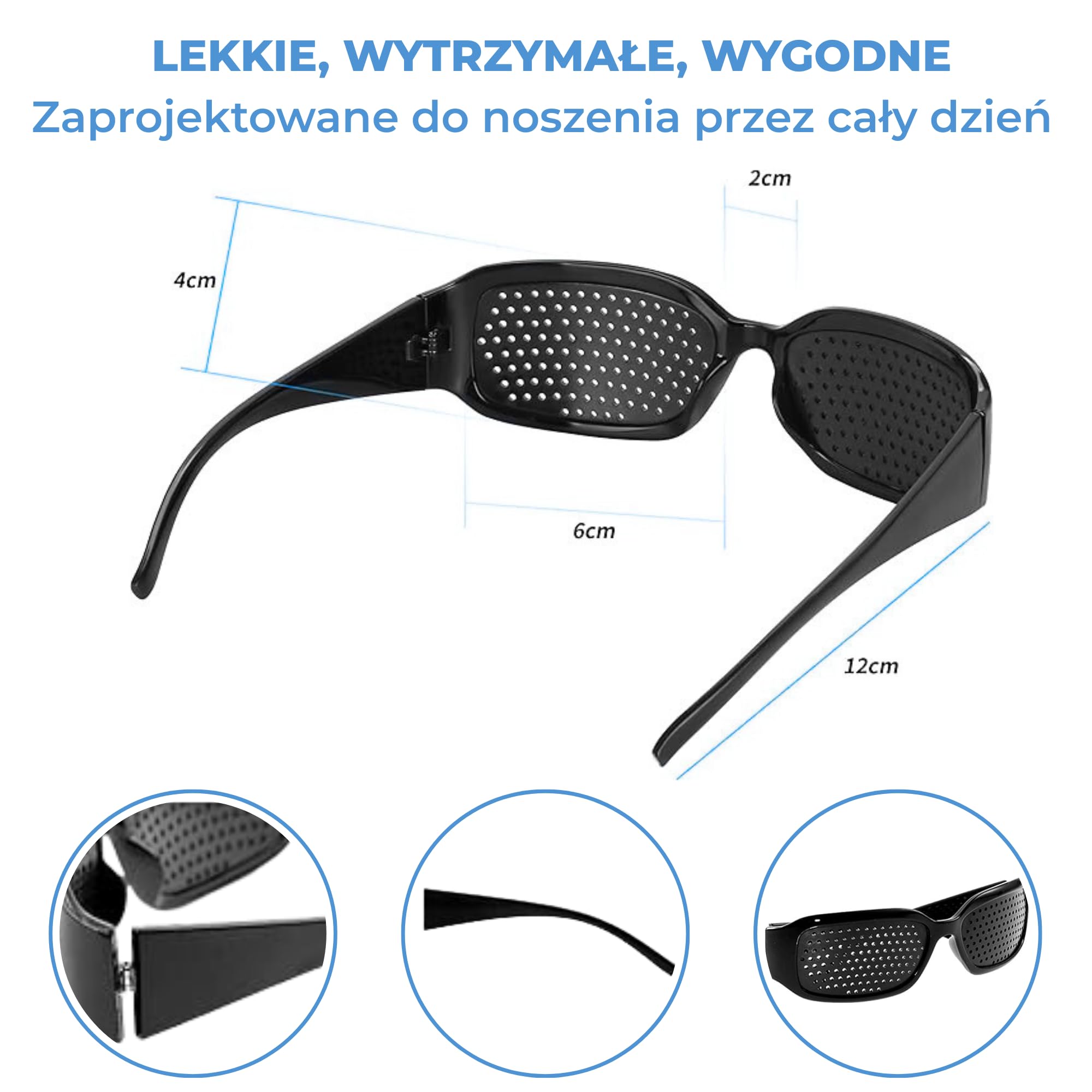 okulary dziurkowane stenopeiczne do treningu oczu i poprawy wzroku, okulary siatkowe, pinhole perforated glasses, czarne