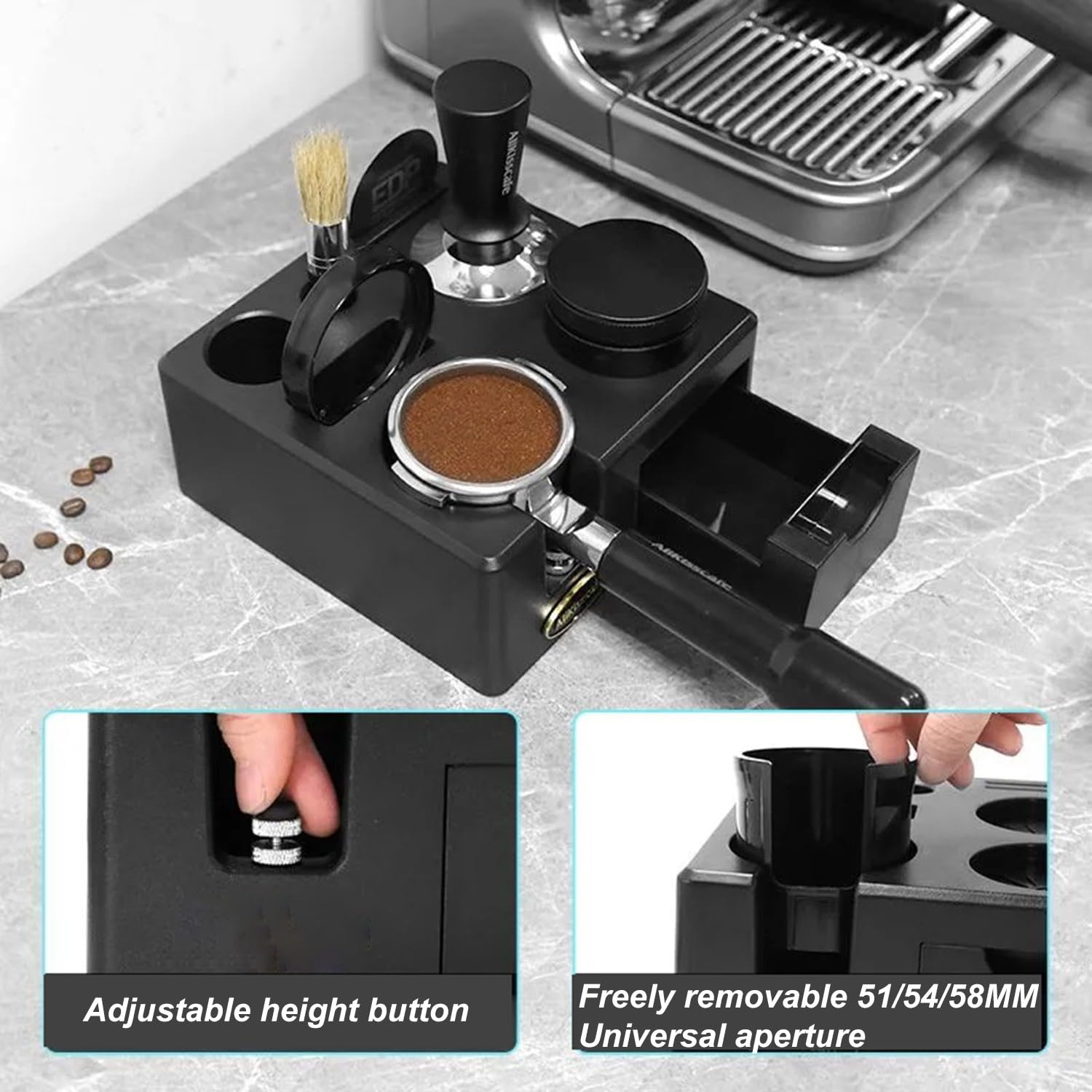 Regulowana stacja tamper do espresso, 51–58 mm, z szufladą, akcesoria baristy ABS, do domowego biura i kawiarni, idealne wsparcie dla miłośników espresso