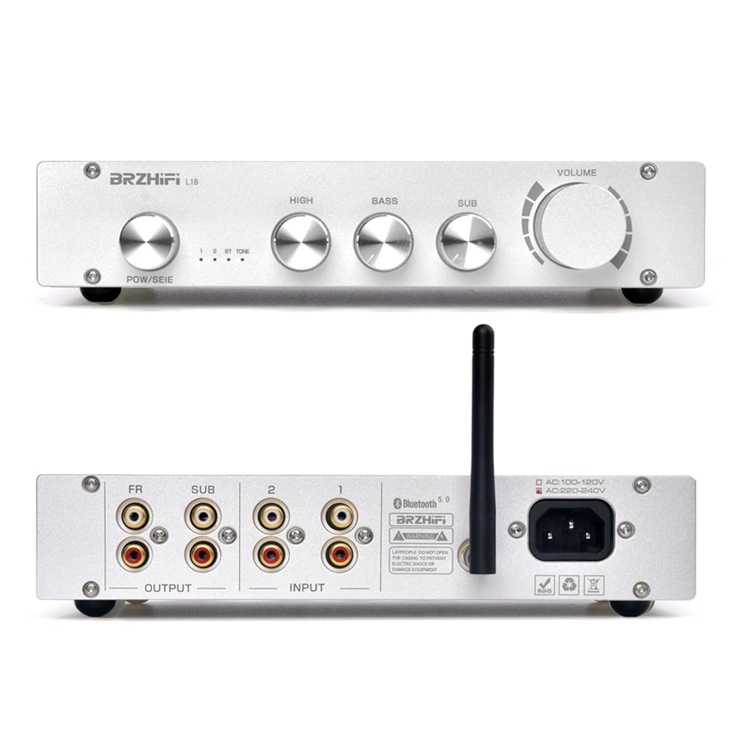 L1B HiFi Pure Class A Preamplifier Home Audio 2.1 Channel Bass Treble Independent Control Bluetooth 5.0 Preamp Subwoofer Receiver (Silver)