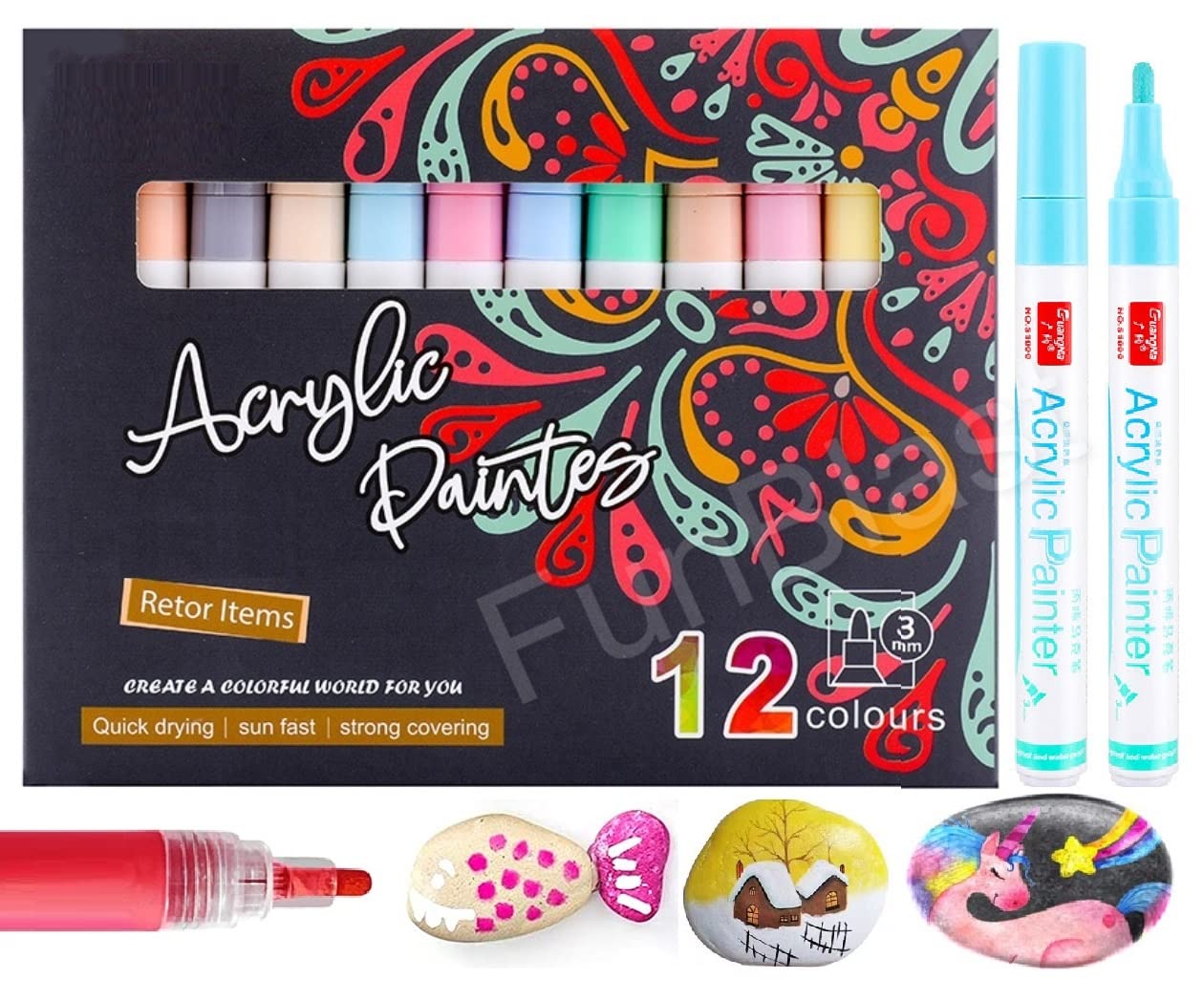 FunBlast Acrylic Marker Colors Set, Acrylic Paint Marker Pens, 12