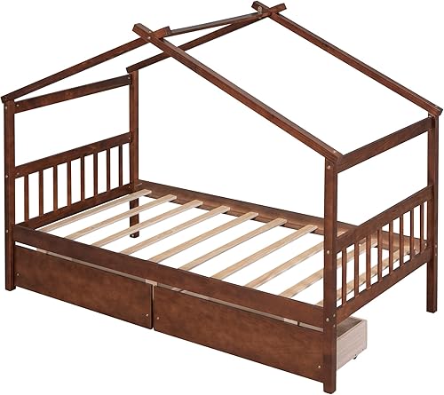 Miniatura 125 de Merax Cama de madera de tamaño individual con dos cajones, marco de cama de madera con techo para niños, adolescentes, niños o niñas, gris