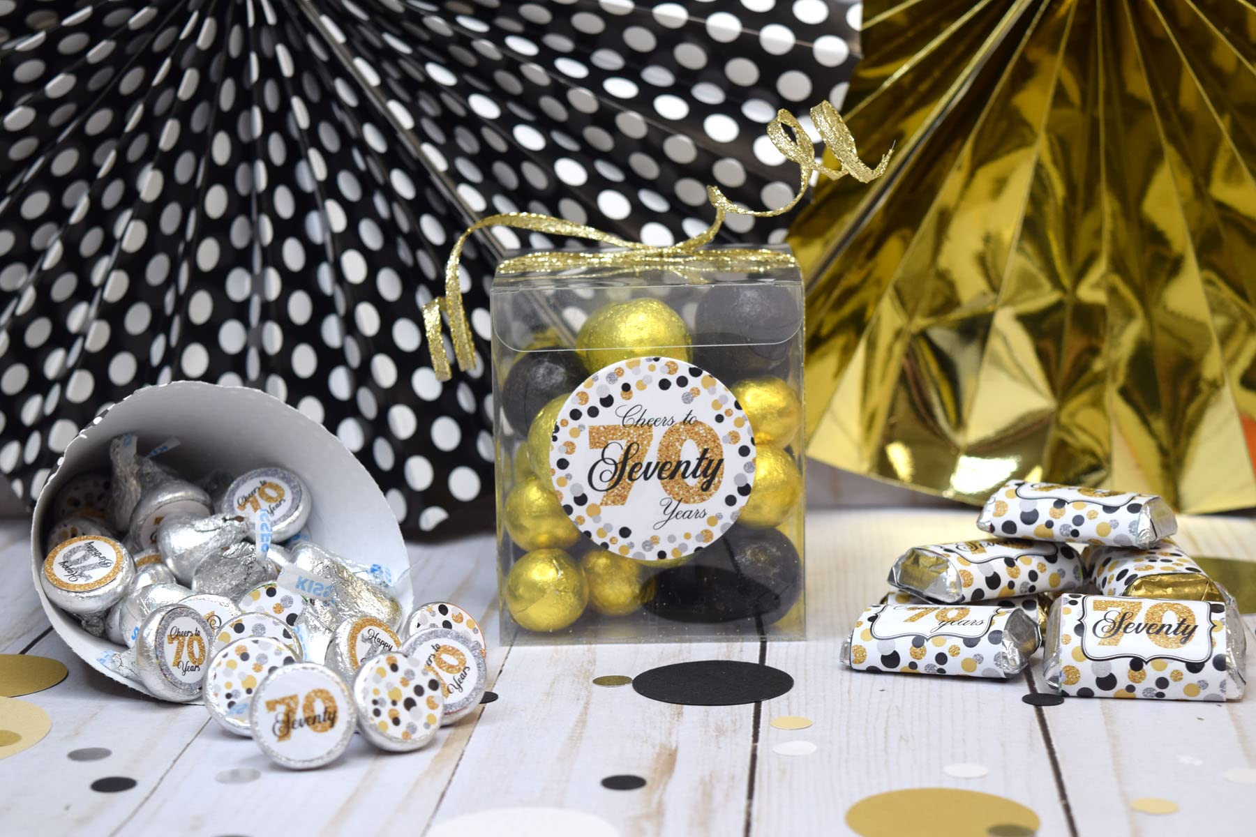 Rose Gold Polka Dot 70th Birthday Sticker Bundle - 429 Pieces For Party Favors & Candy Wrapping