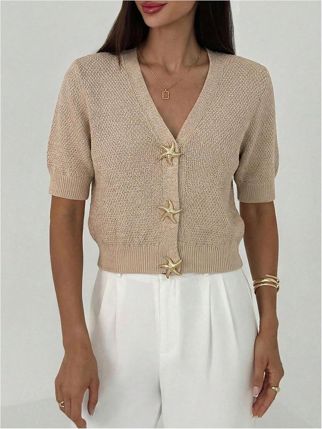 Verdusa Women's Knit Tops Lightweight Sweater Elegant V Neck Short Sleeve Going Out Tops Brunch Date Night Outfits