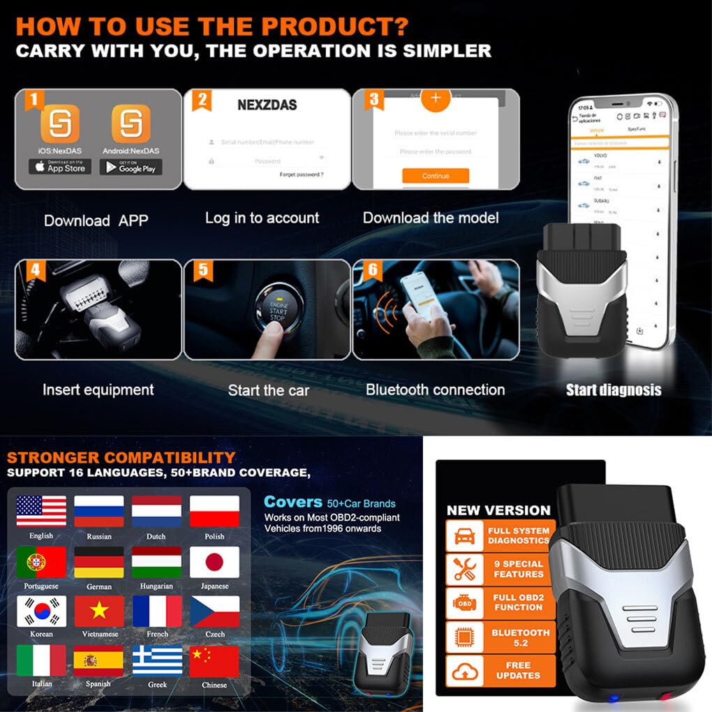 VUIUYOIES Strumento diagnostico Completo del per Sistema OBDII per diagnosi Rapida Lettore di Codici Bluetooth Rilevatore di guasti per Auto elettriche