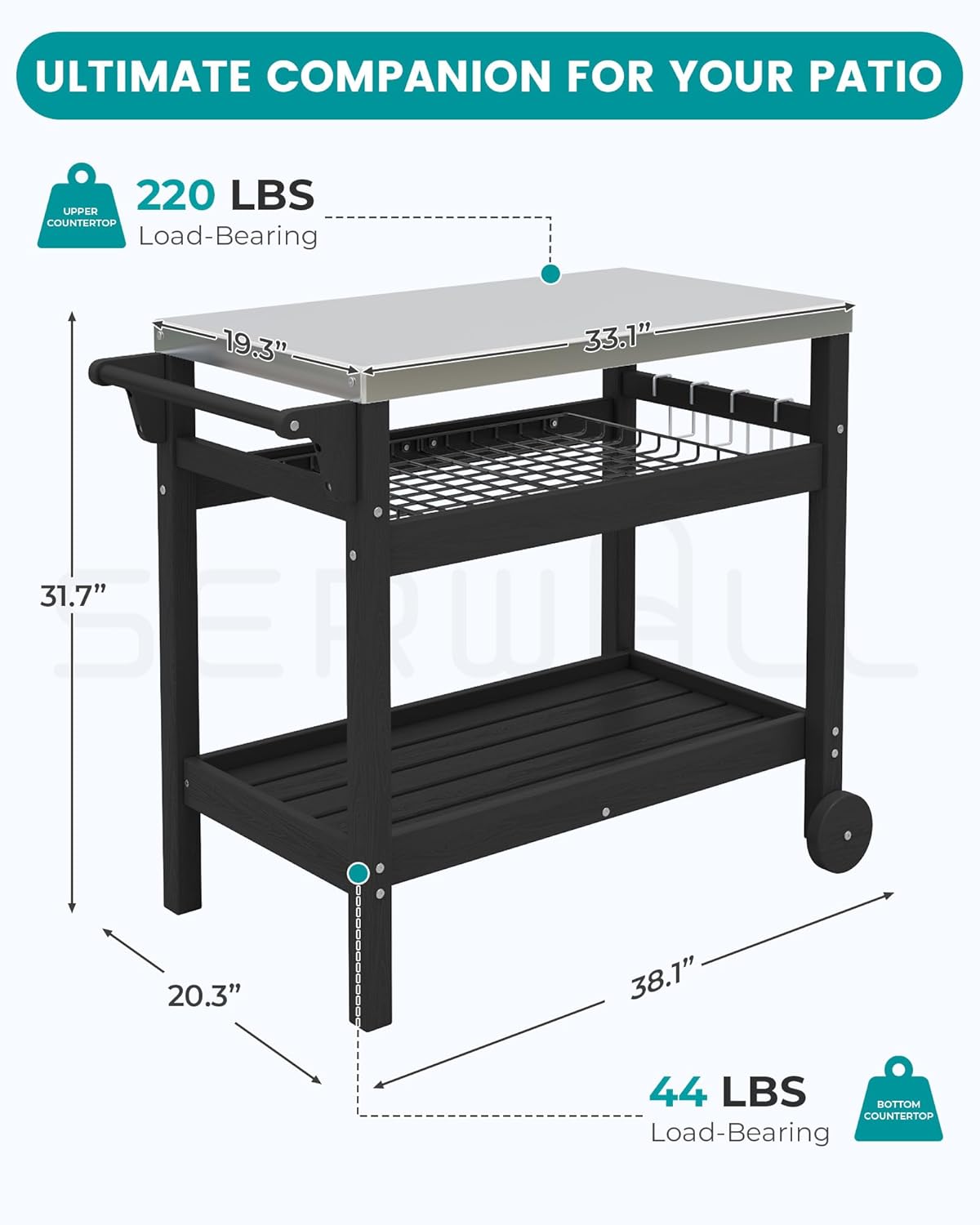 SERWALL Outdoor Grill Cart Table with Three Tier Storage Shelves, Movable Prep Cart, Weather-Resistant HDPE Material, Dining Cart Table for Outdoor Cooking, Four Hooks, Black