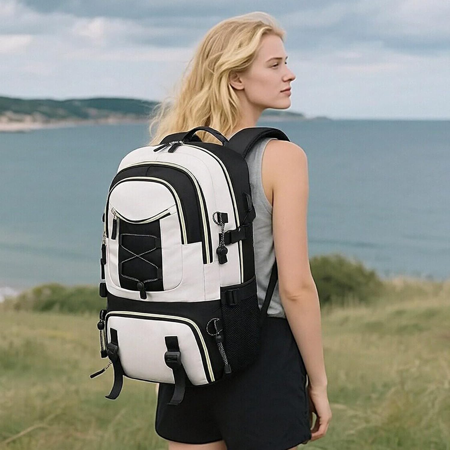 GAEKEAO Travel Backpack for Women Men with USB Charging Port Carry On Backpack Fits 17 Inch Laptop Personal Item Bag for College work Hiking Black with Beige