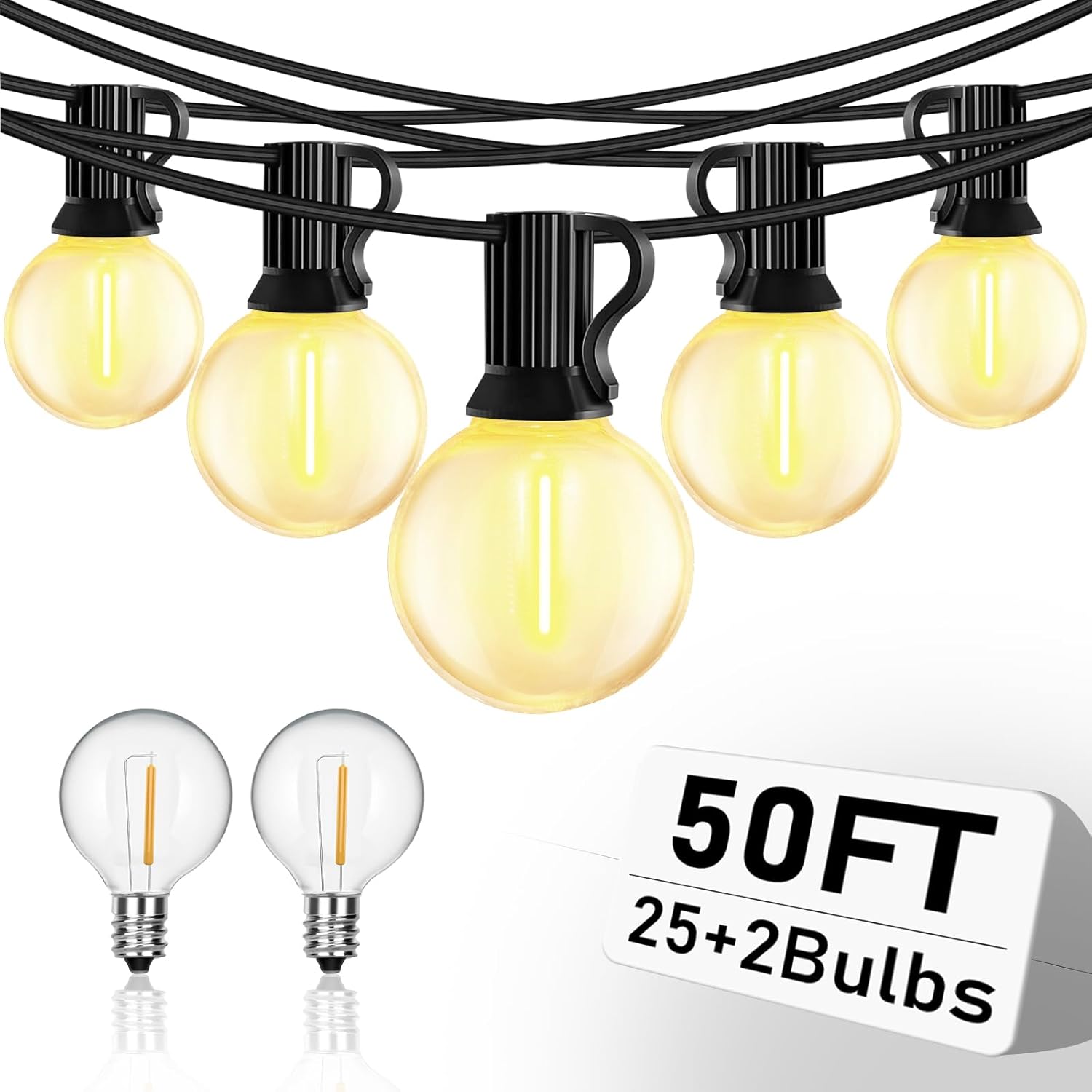 Abeja 50FT Globe Led Outdoor String Lights, Shatterproof Outdoor Patio String Lights with with 25 +2 LED Plastic Clear Bulbs, Hanging Bistro Light Waterproof for Café Bistro Pergola Tents-Black Wire