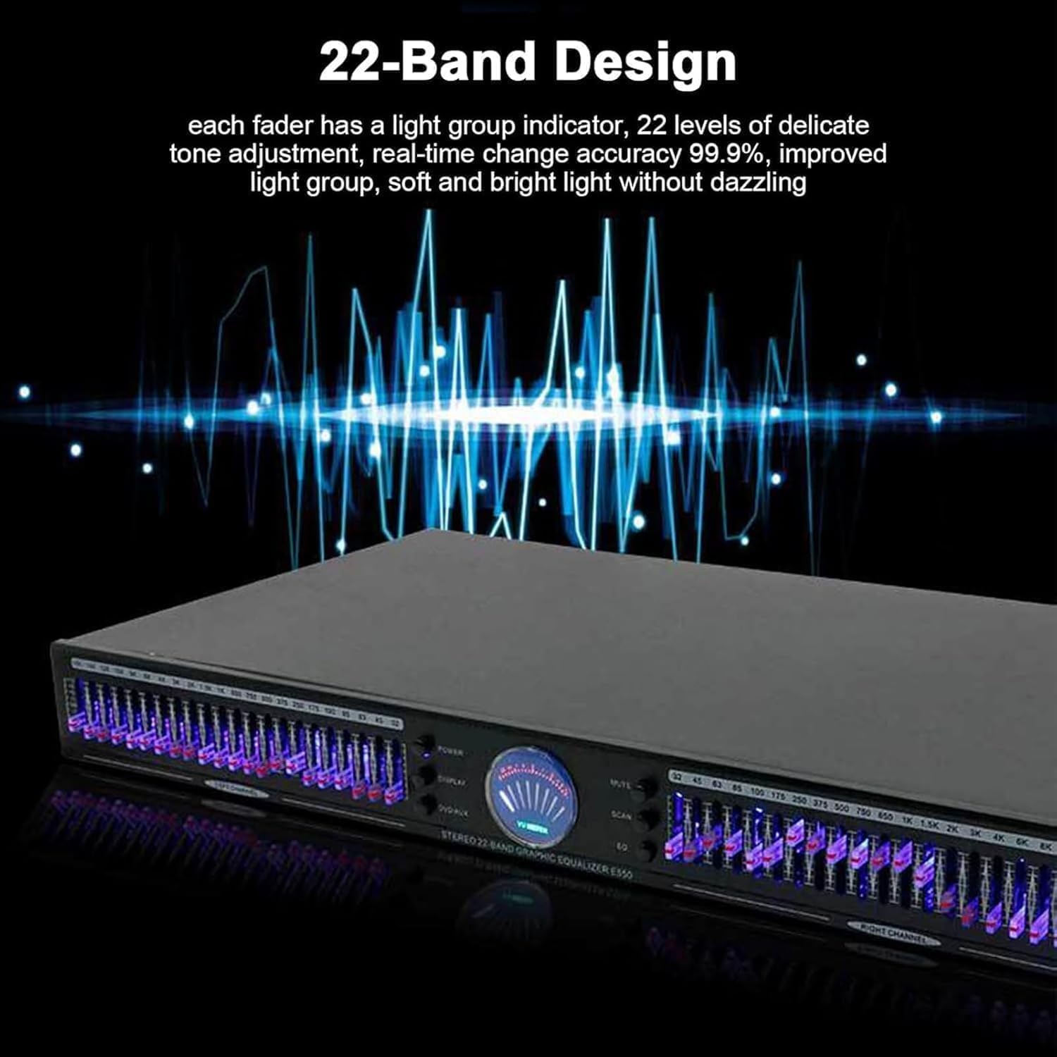 Equalizzatore audio, grafica stereo a doppio canale, 22 bande, 10 effetti preimpostati, regolabile basso/medio/alto, riduzione automatica del rumore, ideale per registrazione e palcoscenico