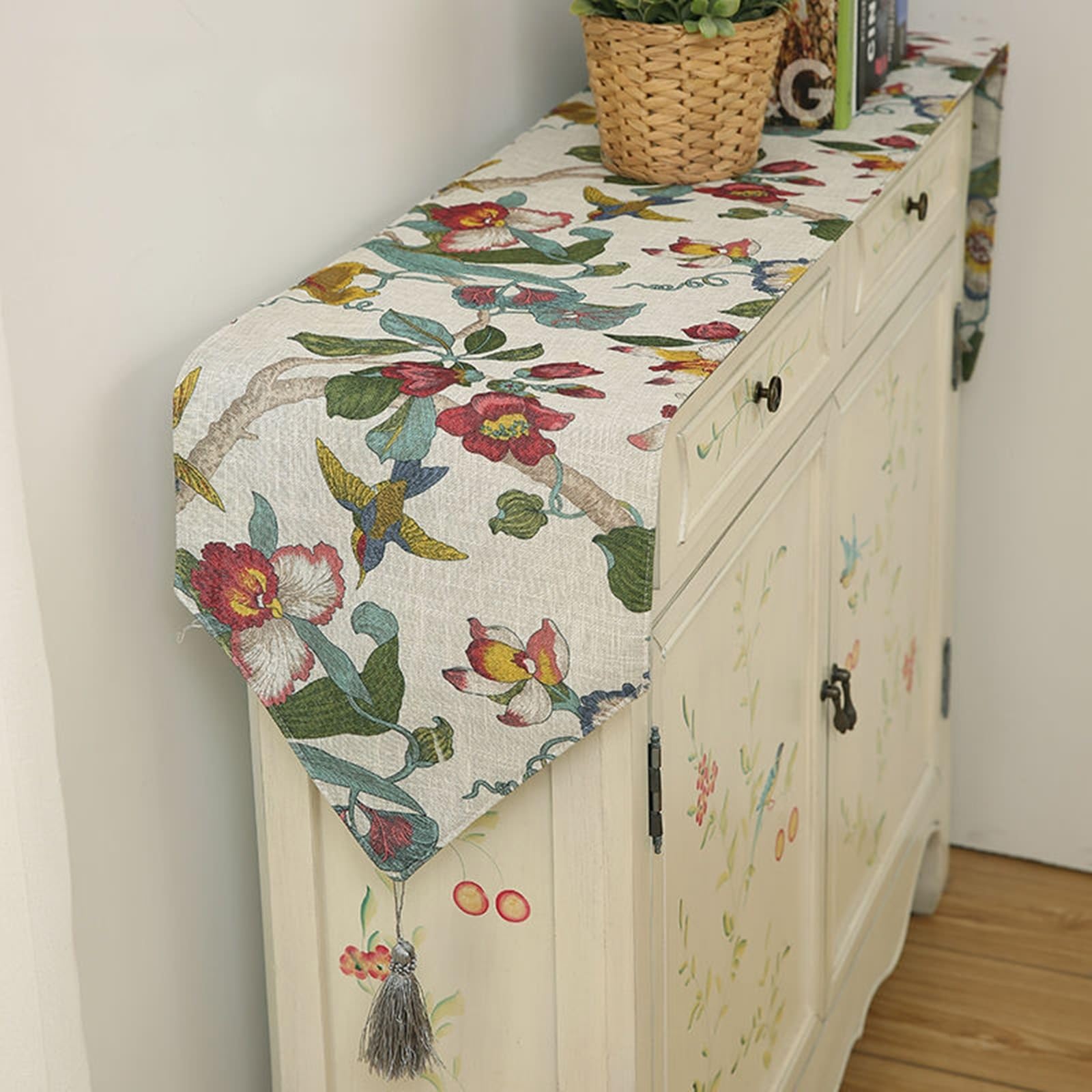 Chemin de table oiseau fleur 30x240 cm gris clair avec pompons pour cuisine
