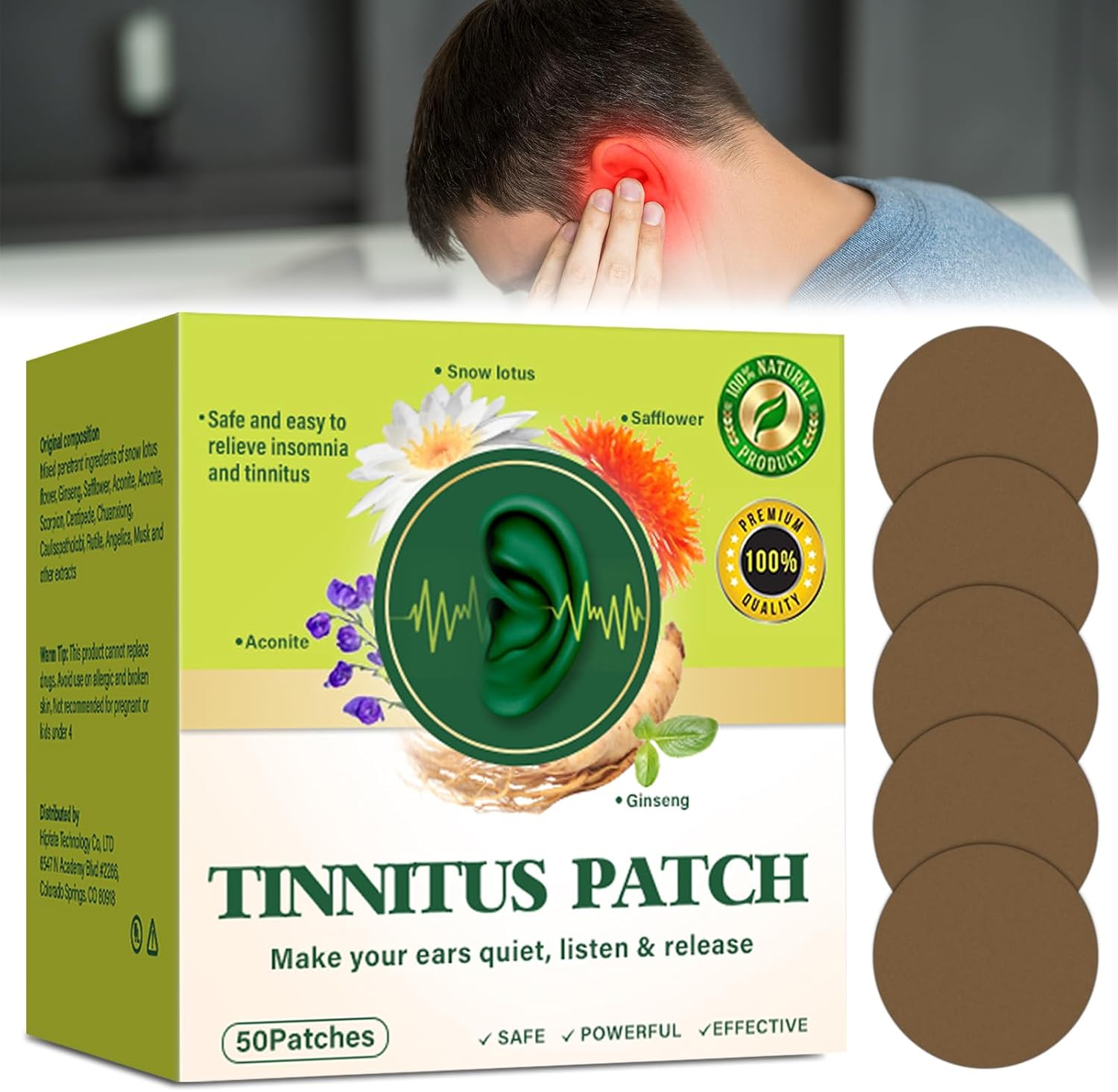 Tinnitus Relief for Ringing Ears, 50Pcs Natural Herbal Formula Tinnitus Patches, Reduce Ear Noise and Improve Focus, Gentle & Portable