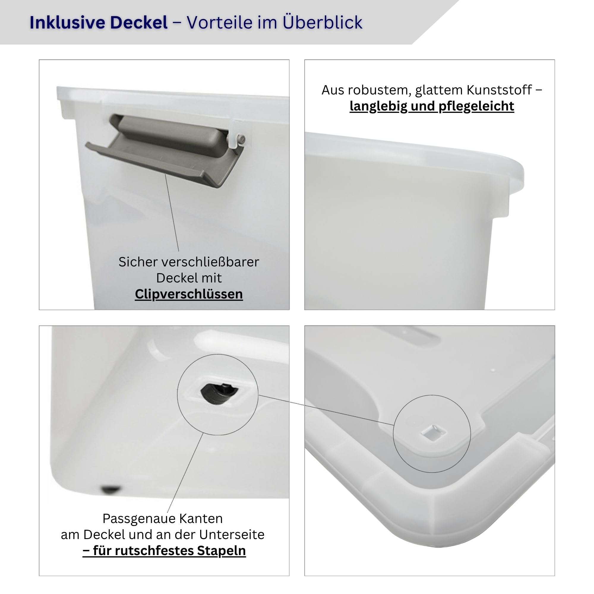 PROREGAL Aufbewahrungsbox mit Deckel 60L im 4er Set, Extra Groß, Rollen, Plastikbox transparent stapelbar, Kunststoffbox Verschlussclips, Stapelbox Kunststoff, Aufbewahrungsbehälter für Küche Haushalt