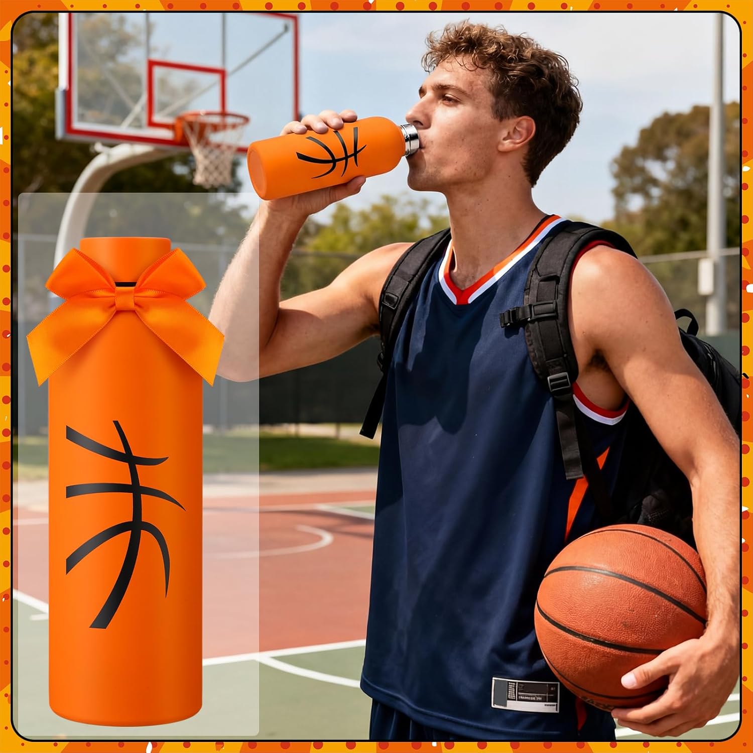6 Pcs Basketball Water Bottles Bulk 17 oz Basketball Party Favors Decorations Stainless Steel Sports Tumblers with Bow Vacuum Insulated Reusable Leakproof Bottles for Birthday Team Gifts