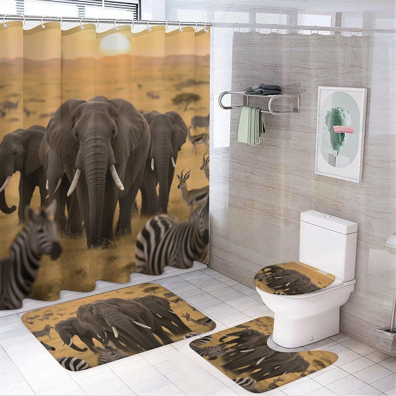 Elephants Shower Curtain Set 4 Piece, Non-Slip Bath Mat with Toilet Lid Cover and Waterproof Shower Curtain with 12 Hooks, Complete Bathroom Set for Home Decor