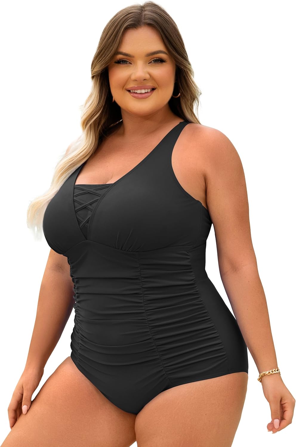 Plus Size Swimsuit One Piece Bathing Suit Women Tummy Control Swimwear V Neck Cross Swimsuits Adjustable Straps XL - Image 2
