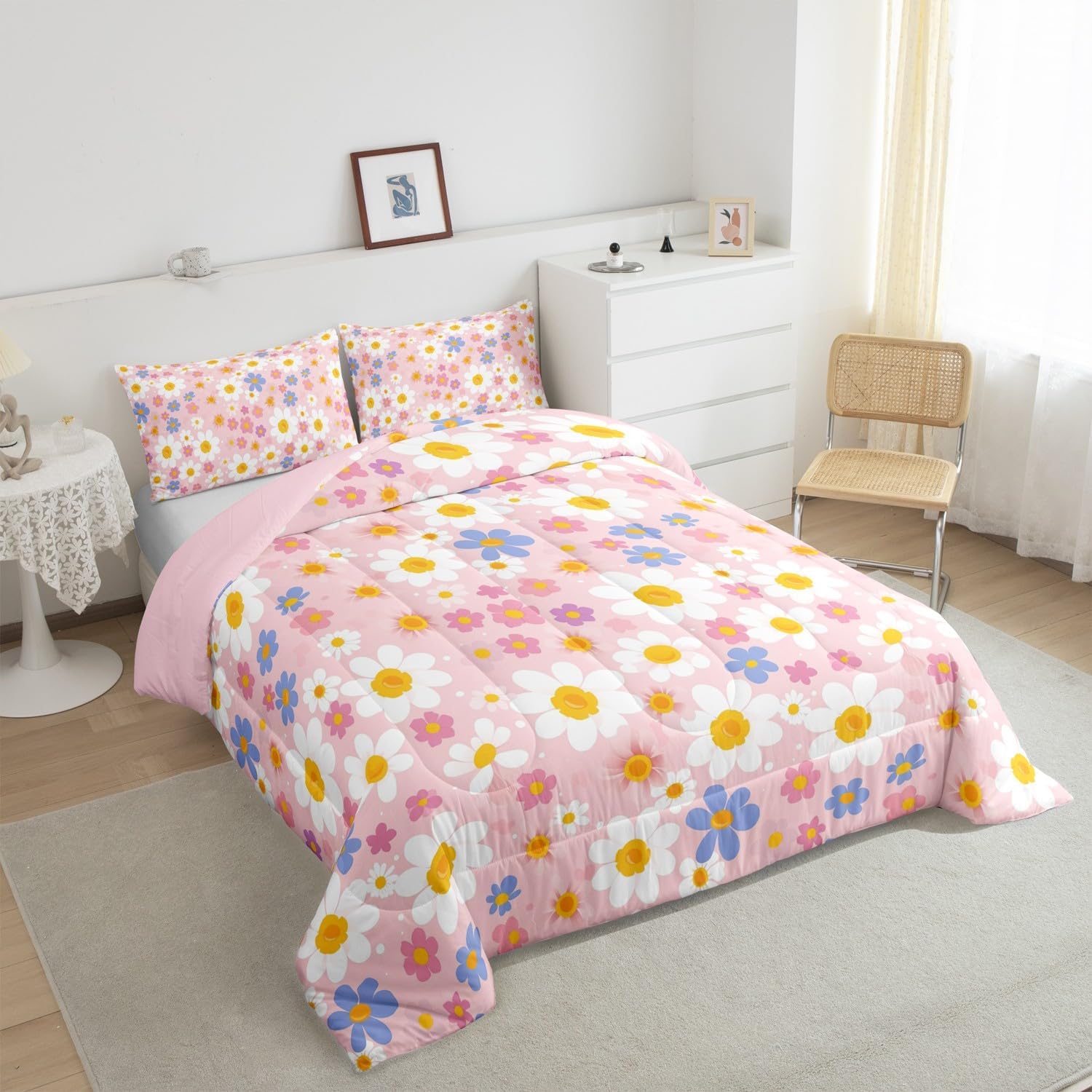 Feelyou Blossom Flowers Bedding Set Twin Size Daisy Comforter Set for Kids Boys Girls Decor Botanical Floral Comforter Microfiber Garden Plants Duvet Set Bedroom Quilt Set
