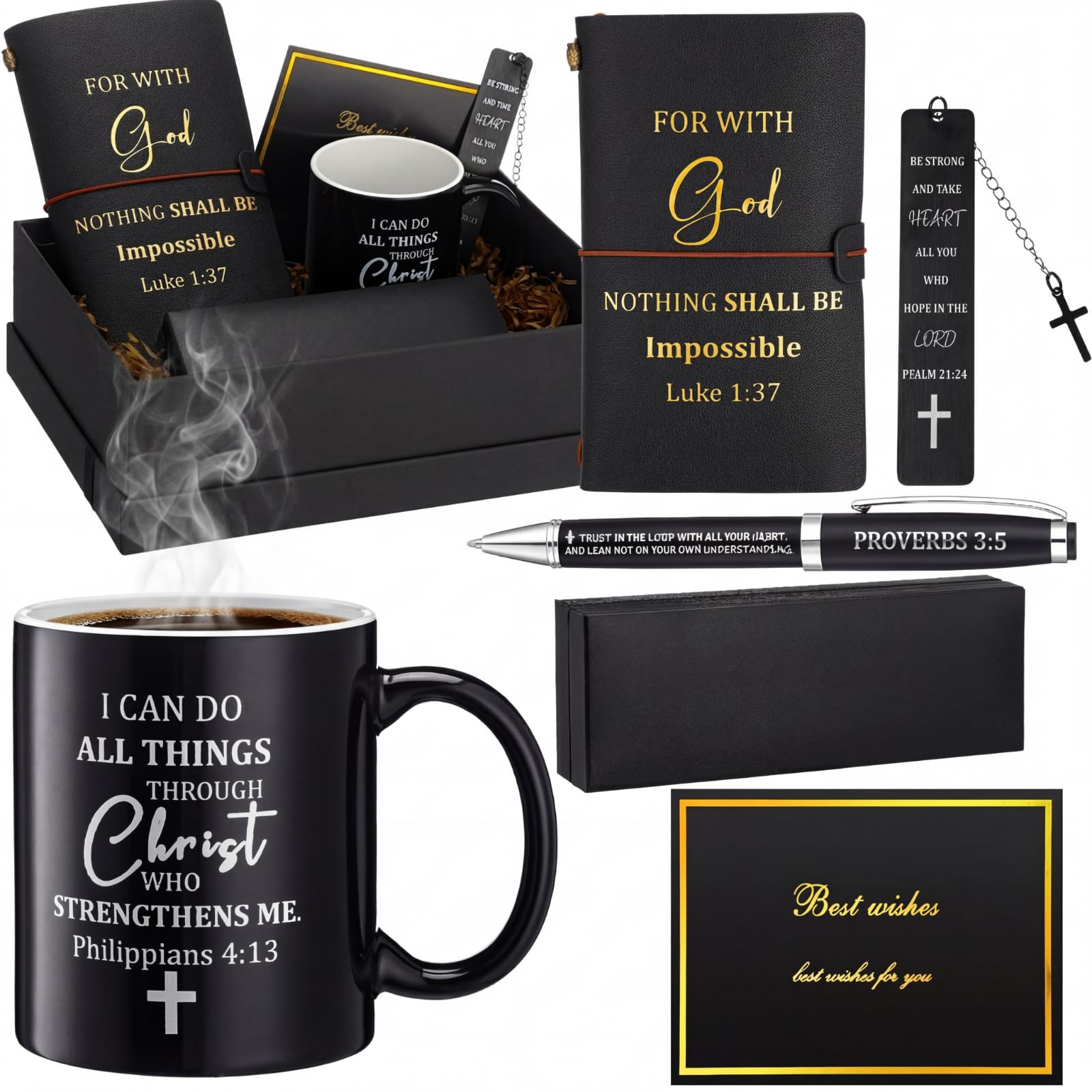 Shellwei 6 Pcs Christian Gift Set Mug Notebook Pen Black Scripture