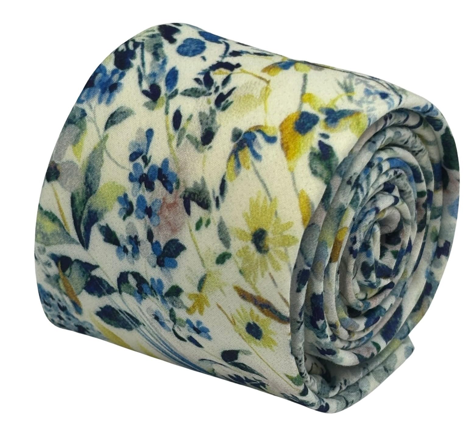 Frederick Thomas Men’s Floral Cotton Necktie with Blue Wildflower Liberty Design, 6.5cm Width, Elegant Watercolour Print Necktie Ideal for Formal and Semi-Formal Wear