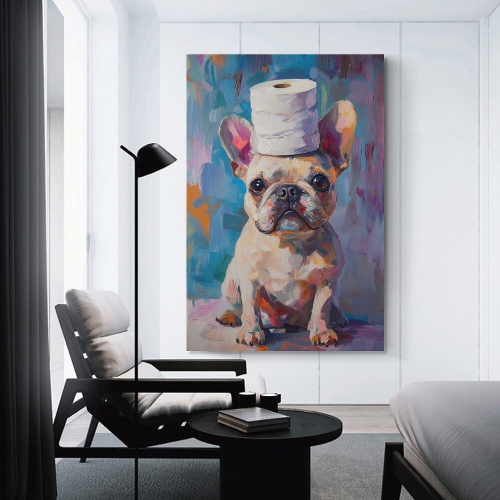 Junmoney Unframe-Style-15 French Bulldog With Toilet Paper Hat Room Decor Wall Art, 24X36inch(60X90cm), For Living Room, Bedroom, Office Or Hallway, Decorative Artwork With Broad Appeal