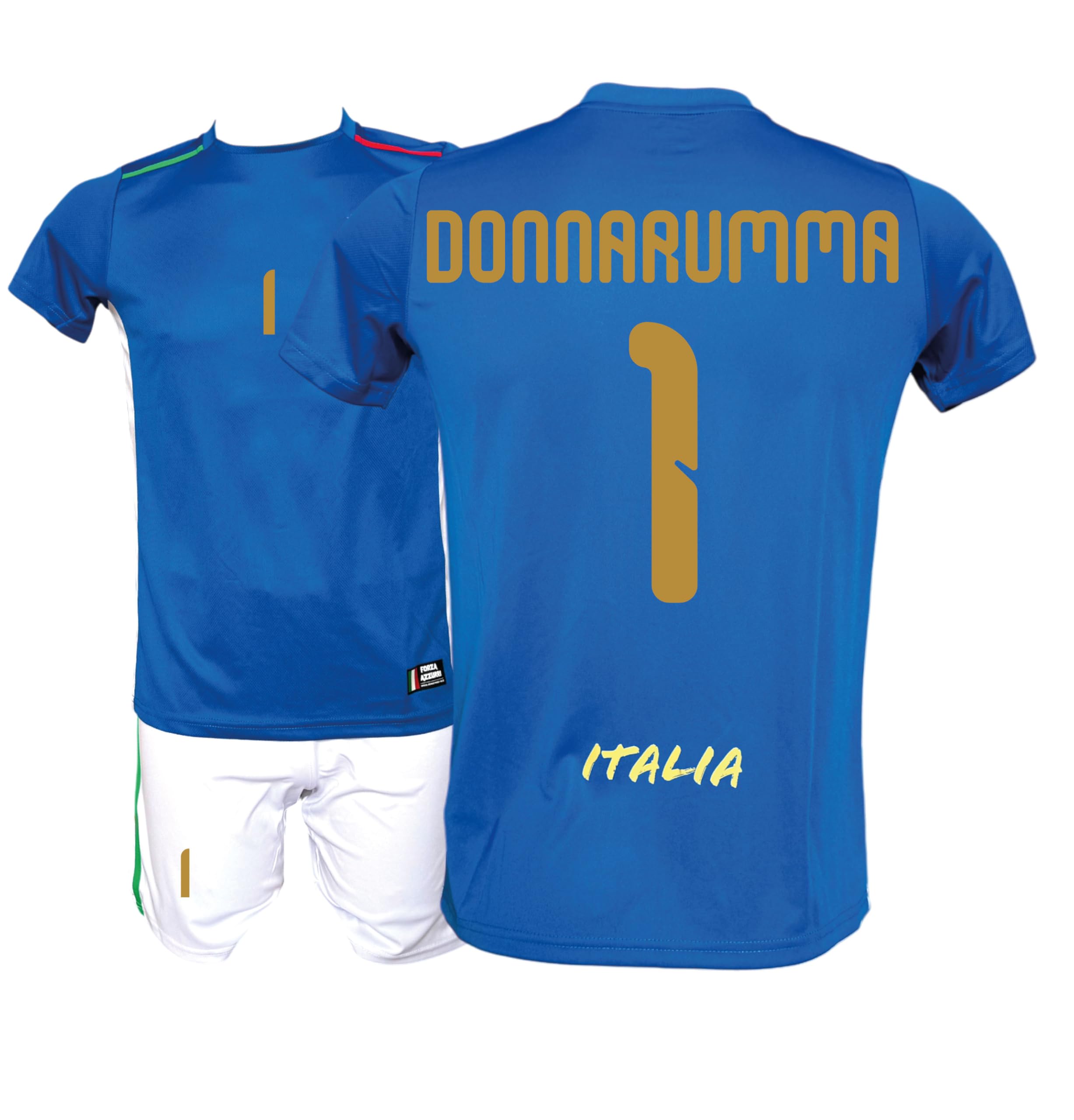 Generico Kit Maglia Italia Calcio Donnarumma 1 e Pantaloncino, Blu con Stampe in Oro, Replica Maglietta Nazionale Italiana, Taglie da Bambino