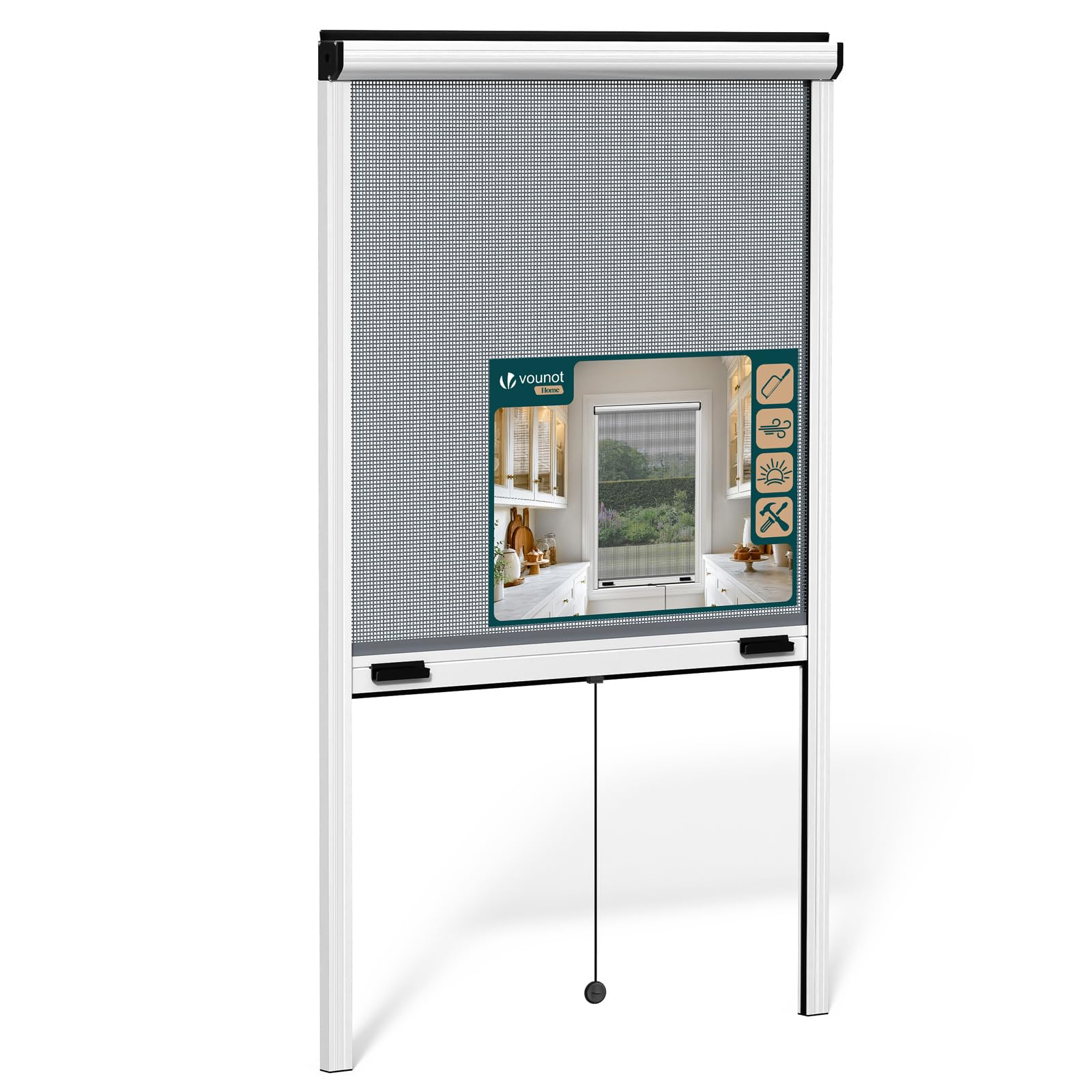 VOUNOT® Mosquitera Enrollable para Ventanas Marco Aluminio Malla de Fibra de Vidrio Red Antimosquitos Ventana Recortable en Altura y Anchura Fácil Instalación Resistente Transpirable 80x130 cm Blanco