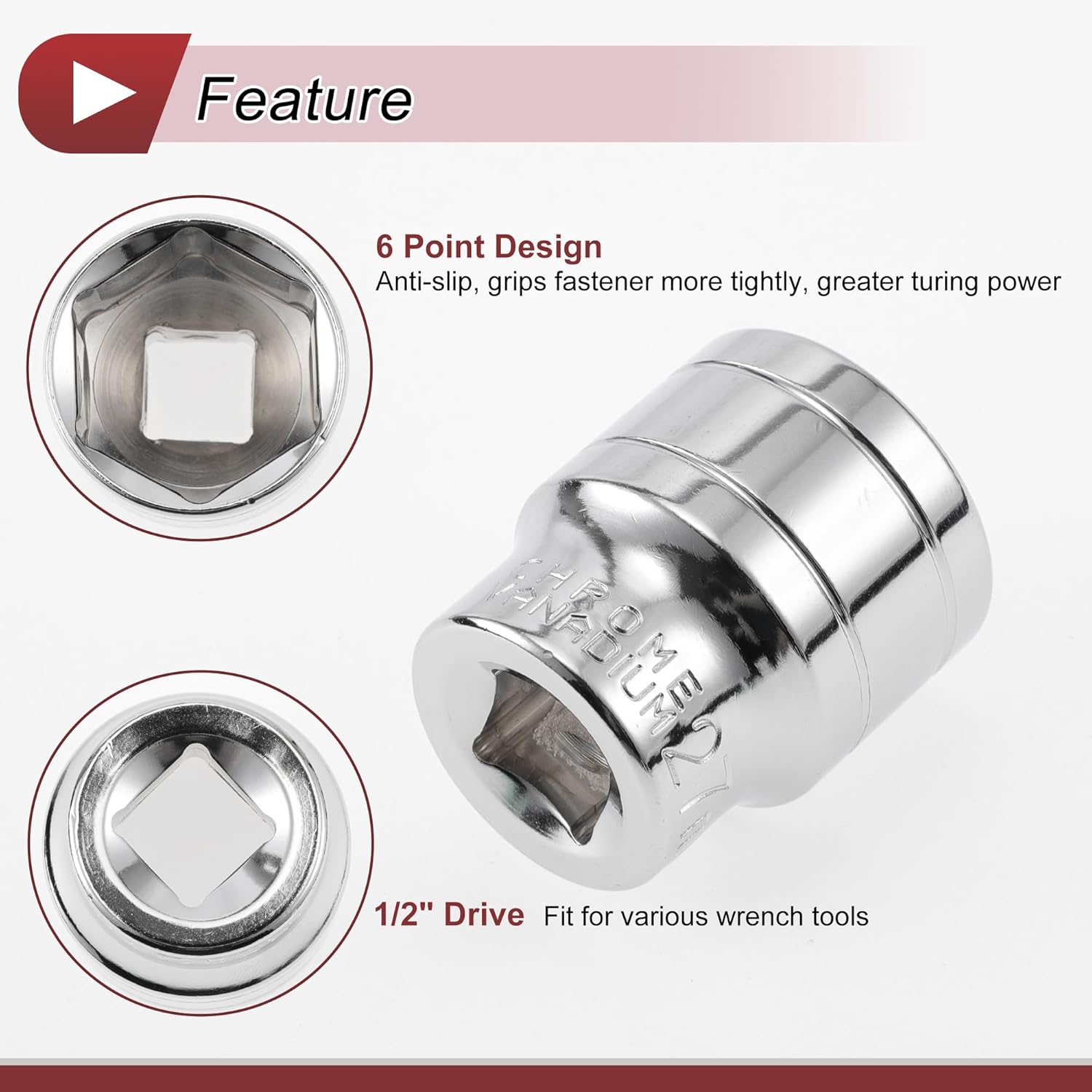 1pcs Impact Socket Durable Hardware Tool 44mm Silver Tone Chrome Vanadium Steel 6 Point 27mm for Car Motorcycle Dirtbike Repair Shallow 1/2 Inch Drive