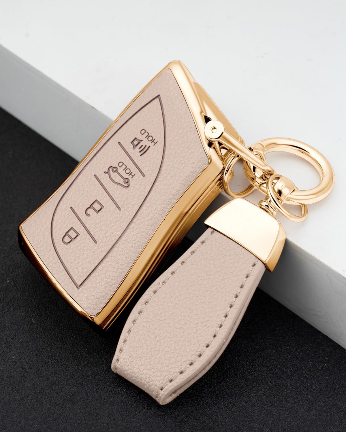 Soft Upper Leather TPU Key fob Cover Case fit for Lexus ES350 ES300h UX200 RX350 RX450h NX300h GX460 TX550 LX600 LS500 LC500h (Gold-Edged Light Pink)