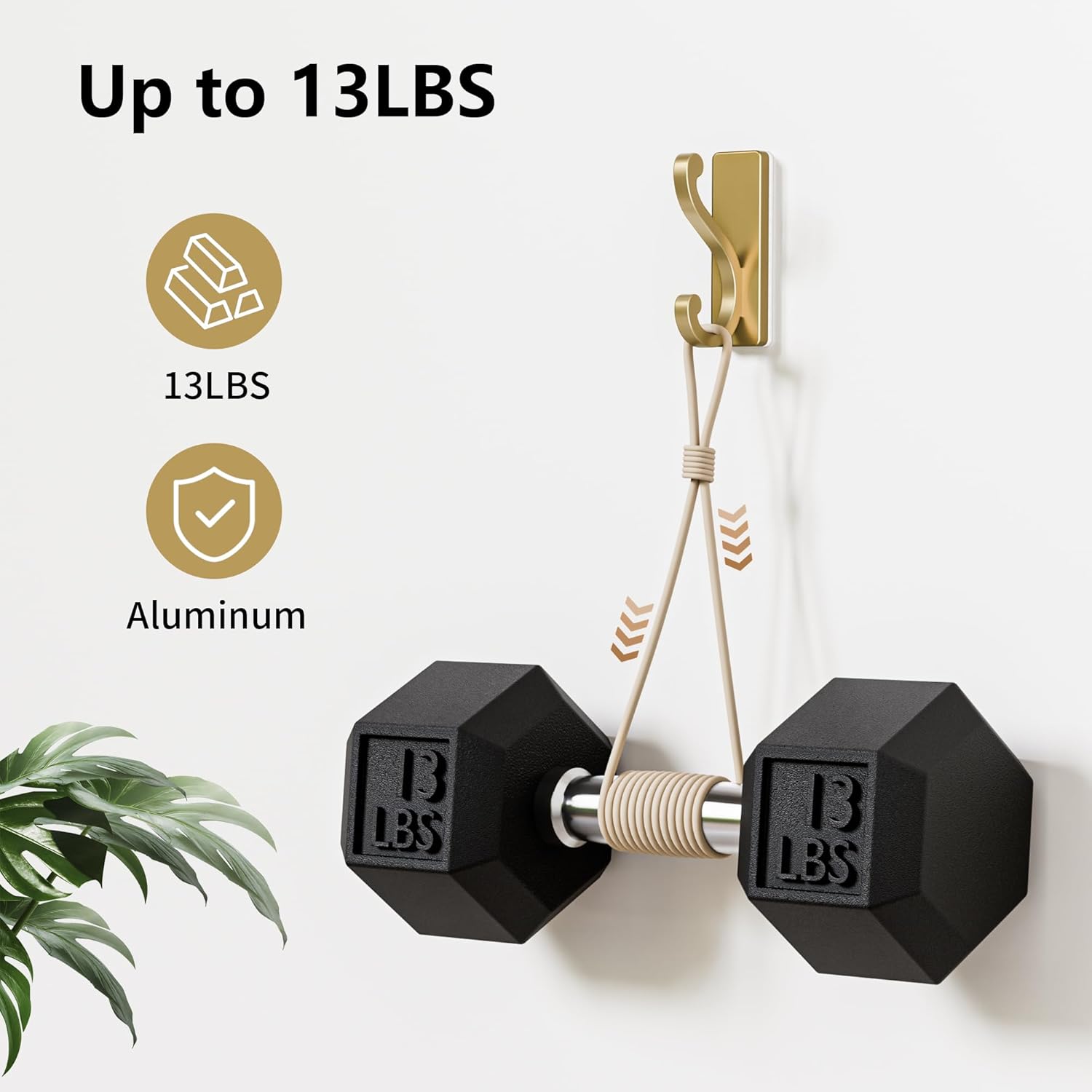 4 Pack Self Adhesive Coat Hooks - Gold Sticky Hangers Wall Mount, Holds 13Lbs for Clothes, Towel, Robes, Keys, Double Hooks for Bathroom, Bedroom and Door.