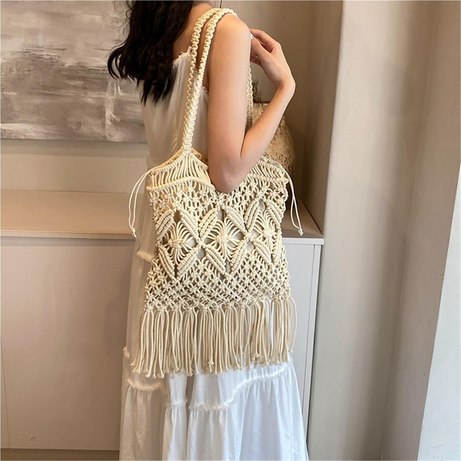 Borsa a tracolla singola francese intrecciata da spiaggia dal design scavato vacanza a Nuova borsa con frange donna Per Tutti I Giorni