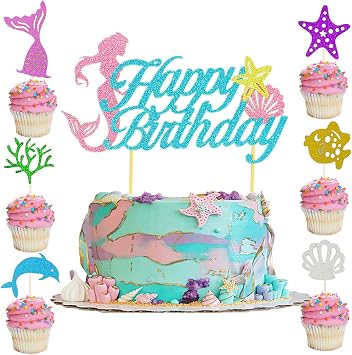 7Pcs Mermaid Happy Birthday Cake Topper Mermaid Cupcake Toppers Glitter Cupcake Picks for Under The Sea Party Mermaid Theme Birthday Party Baby Shower Cake Decoration Supplies