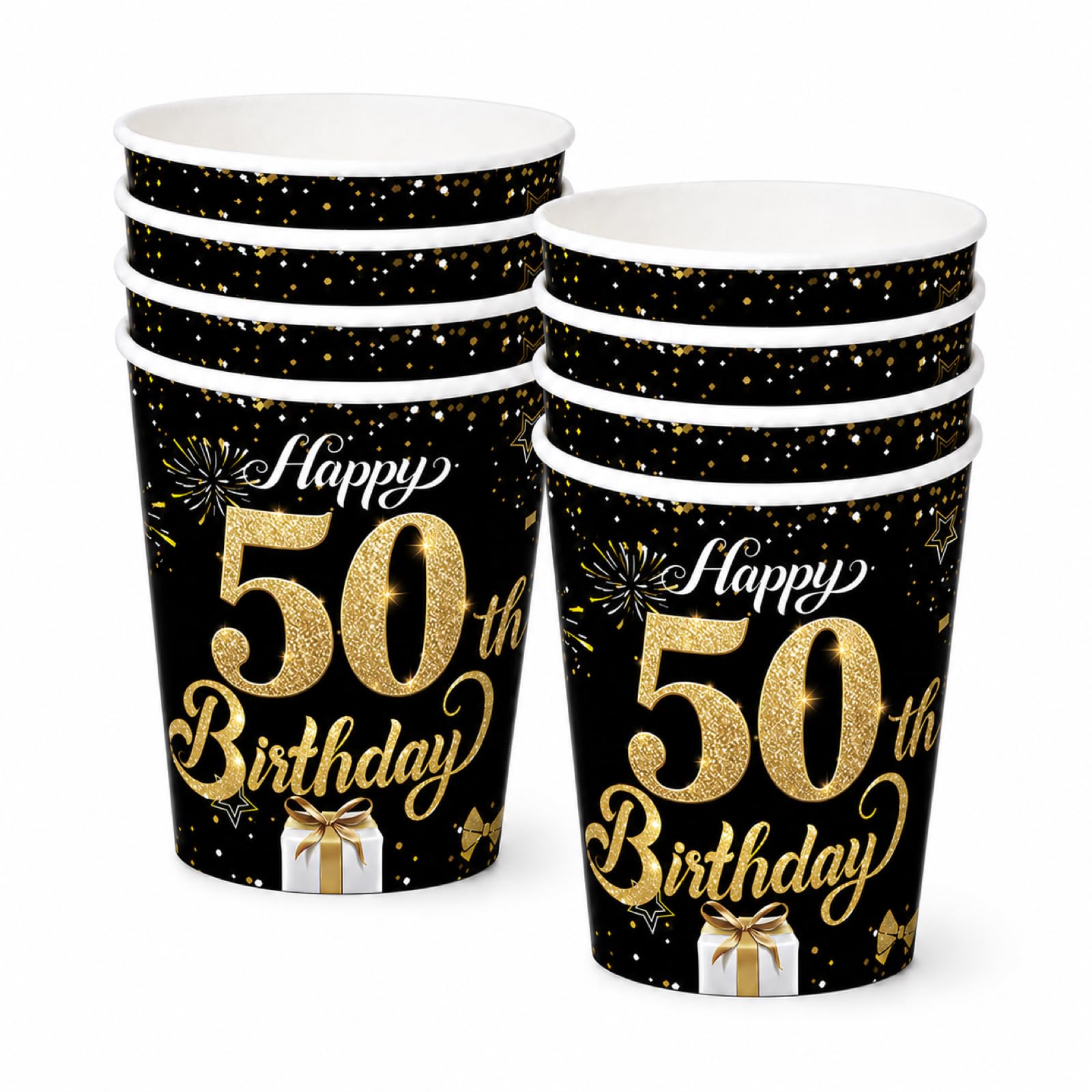 YESAH 50th Black Gold 9 oz Birthday Paper Cups 16 Pack Party Drinkware Set