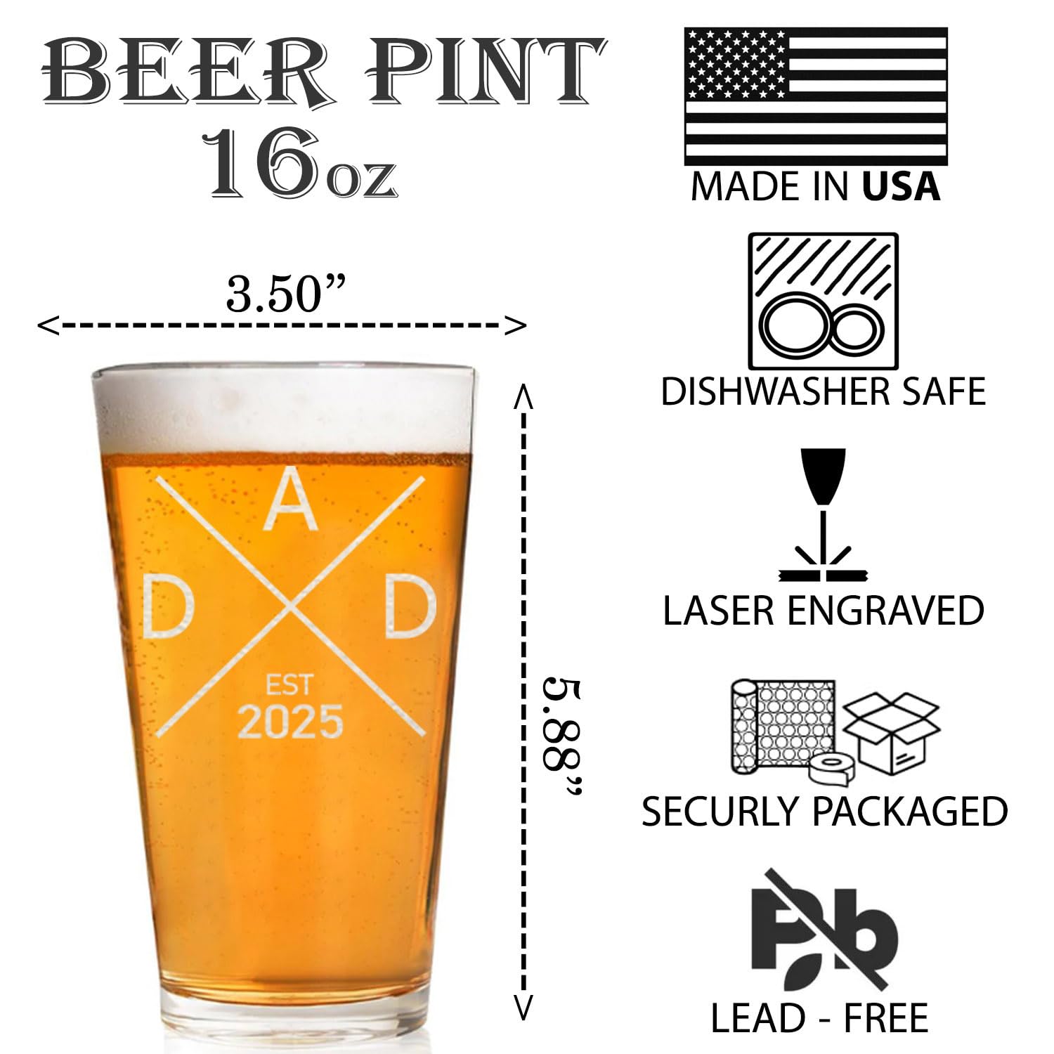 CARVELITA Dad Est 2025 Beer Glass - Pregnancy Announcements For Dad - 16oz Beer Pint For Expecting Father - Dad To Be Gifts - Funny New Dad Gifts - First Time Dad Gifts - Gifts For Dad