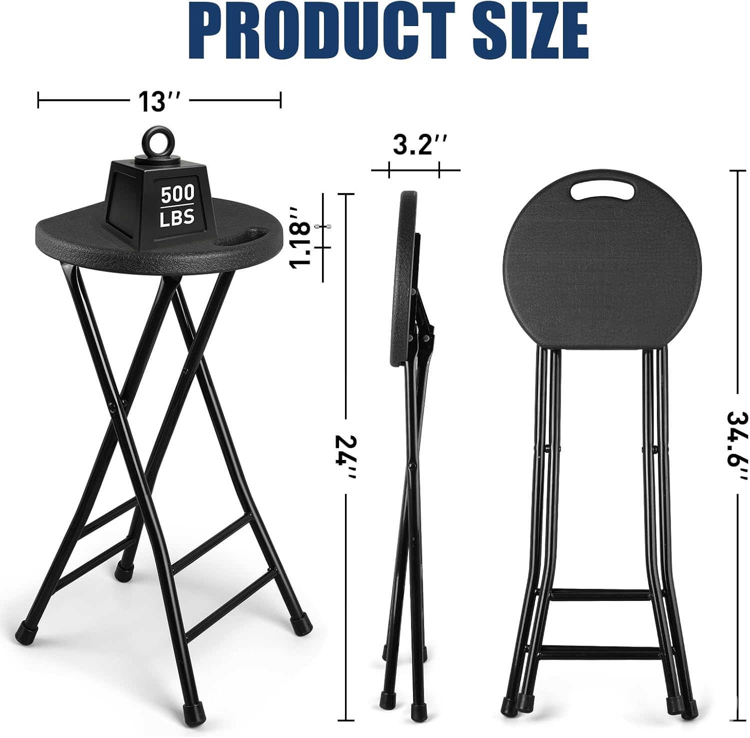 Folding Stool, Black 24 Inch Foldable Bar Stool with Handle, 500 lbs Capacity, Non-Slip Feet, Space-Saving Folding Tall Seating for Kitchen Island, Pub, Camping, Party Ourdoor Indoor(1 Pack)