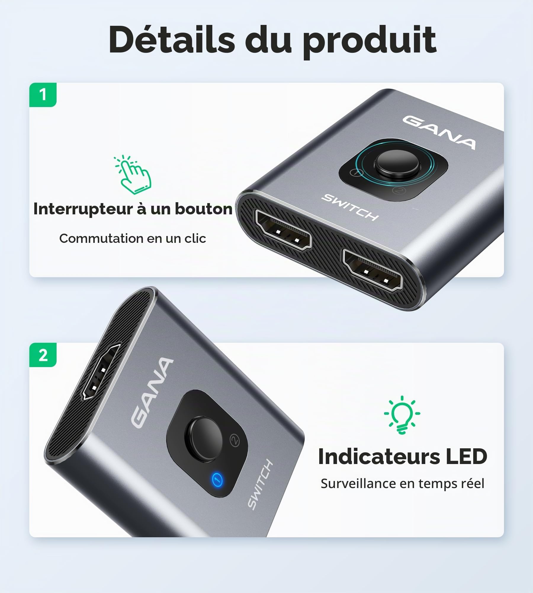 GANA Commutateur HDMI 4K 60Hz Splitter Aluminium Bi-Directionnel 2 Entrées 1 Sortie