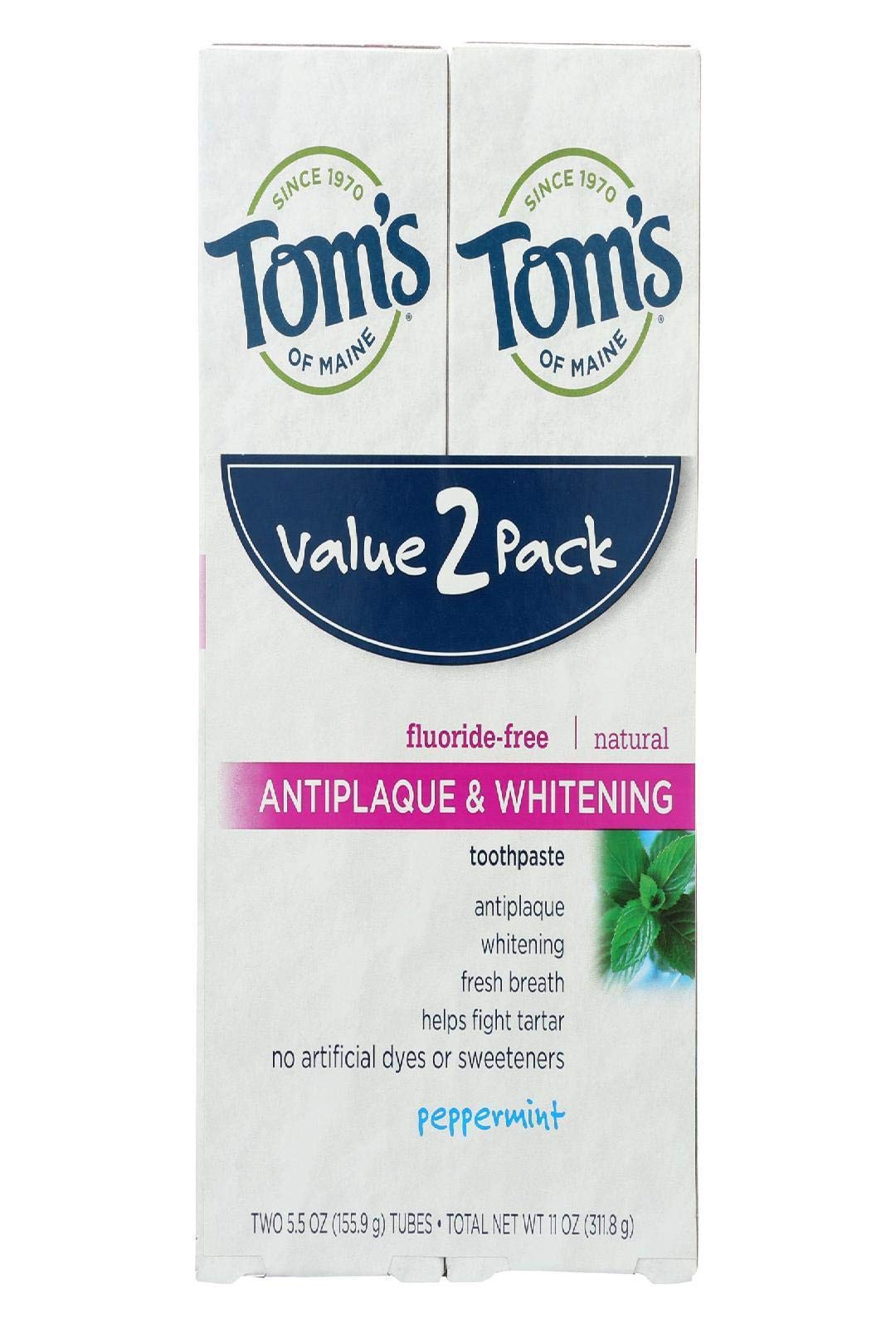 Toms of Maine Fluoride-Free Antiplaque Whitening Natural Toothpaste Peppermint 5 5 oz 2-Pack