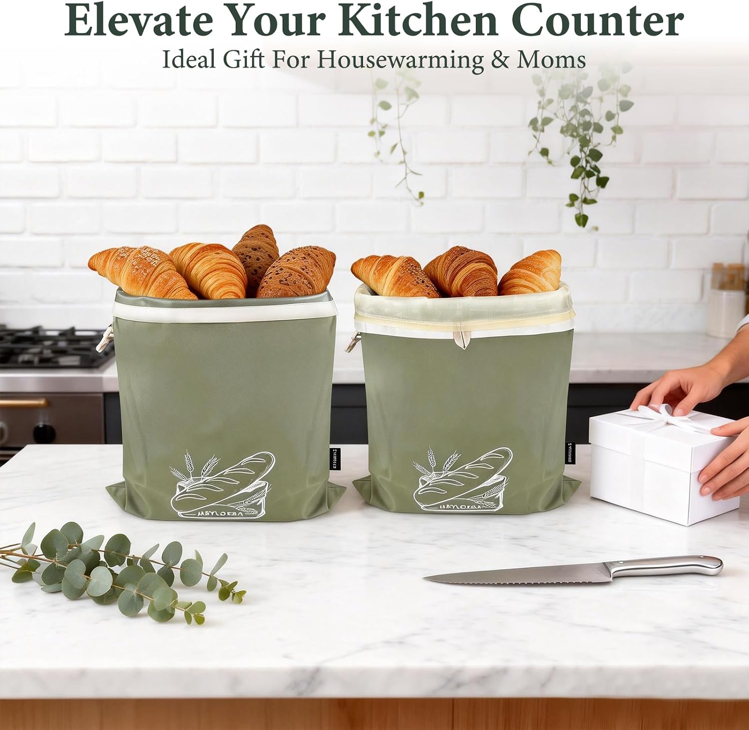 Sourdough Bread Bags for Homemade Bread - 2-Pack Identical Canvas Bags with 2 Different Liners, 1 Detachable Beeswax and 1 Attached TPU Freezer Bag - Sage Green Sourdough Storage