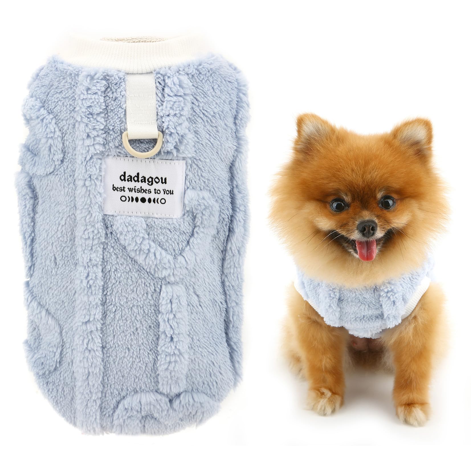 SMALLLEE_LUCKY_STORE Embossed Fleece Dog Jumper for Small Dog Solid Pet Sweatshirt with D-ring Puppy Pullover Warm Winter Autumn Vest Chihuahua Yorkie Clothes, Blue, L