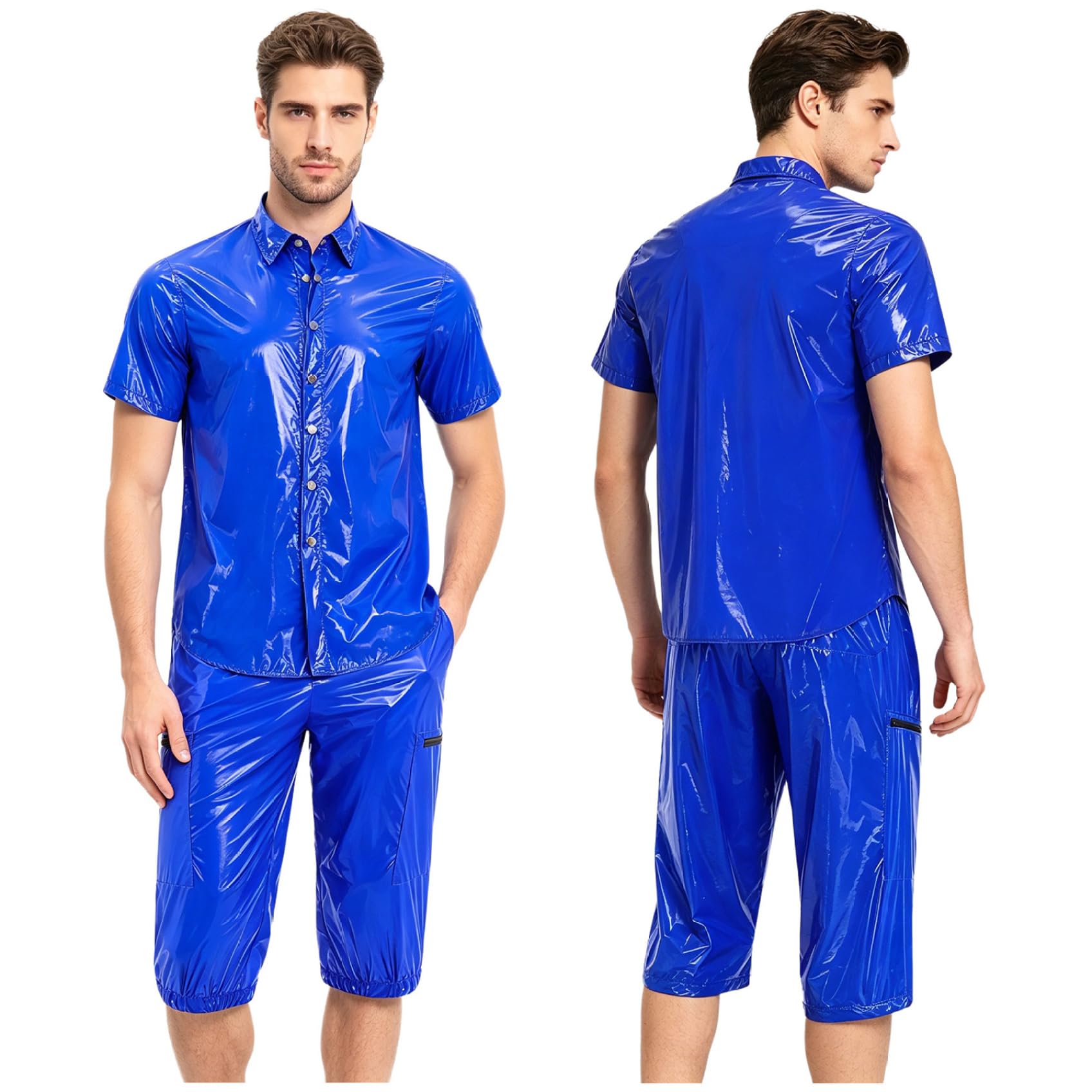 Uomo Look Wetlook Abito Due Pezzi Camicia E Pantaloni Corti Party Discoteca Outfit Blu reale XXL