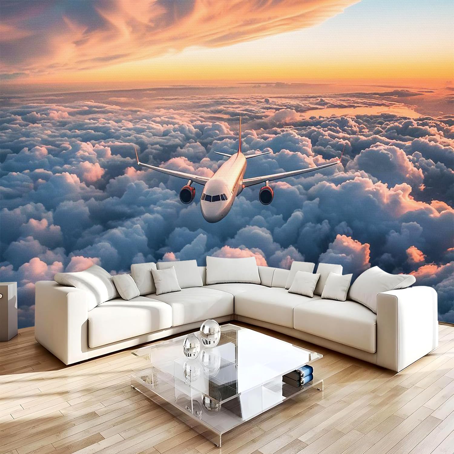 Générique Papier Peint Panoramique 3D 350x256 cm Avion Non-tissé Murale Maison Décoration Intérieure Nuages Coucher De Soleil pour Chambre Salon Mur TV Artistique Poster Décoration Murale 1M855
