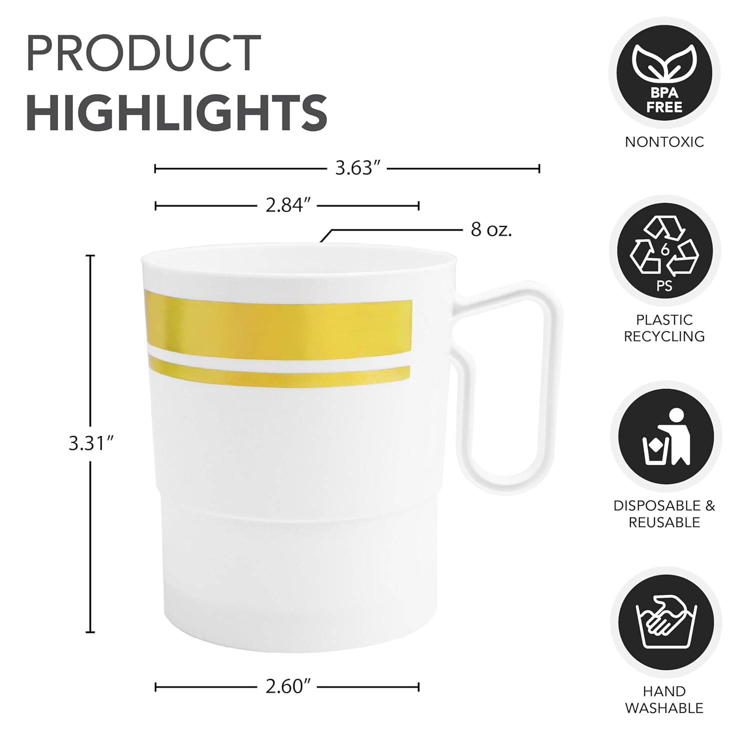 Party Essentials Bistro Hard Plastic Coffee Cup/Tea Mug w/Handle, 40 Count, 8-Ounce, White with Gold Rim