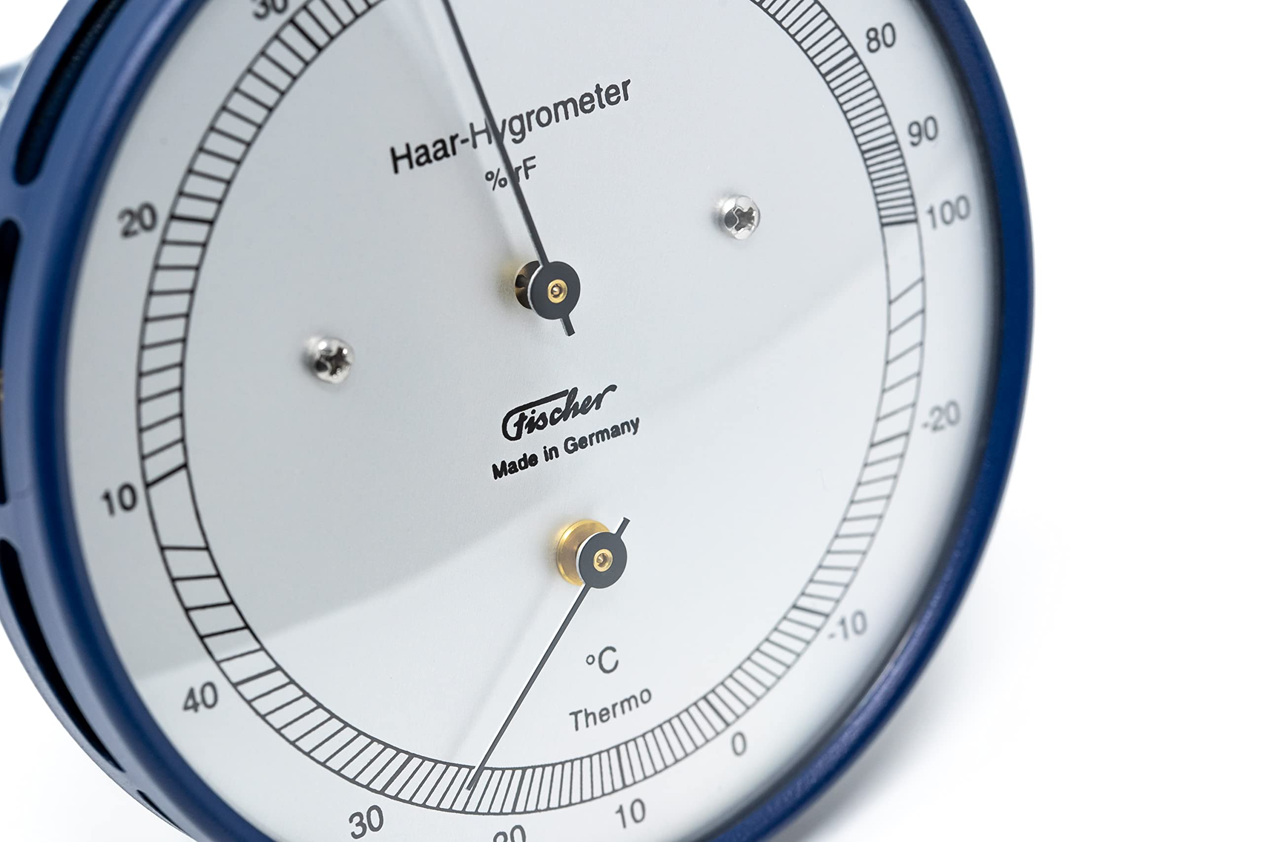 Fischer 111.48T – Higrómetro de pelo con termómetro – 103 mm – Medidor de humedad exterior fabricado en Alemania – Acero inoxidable azul