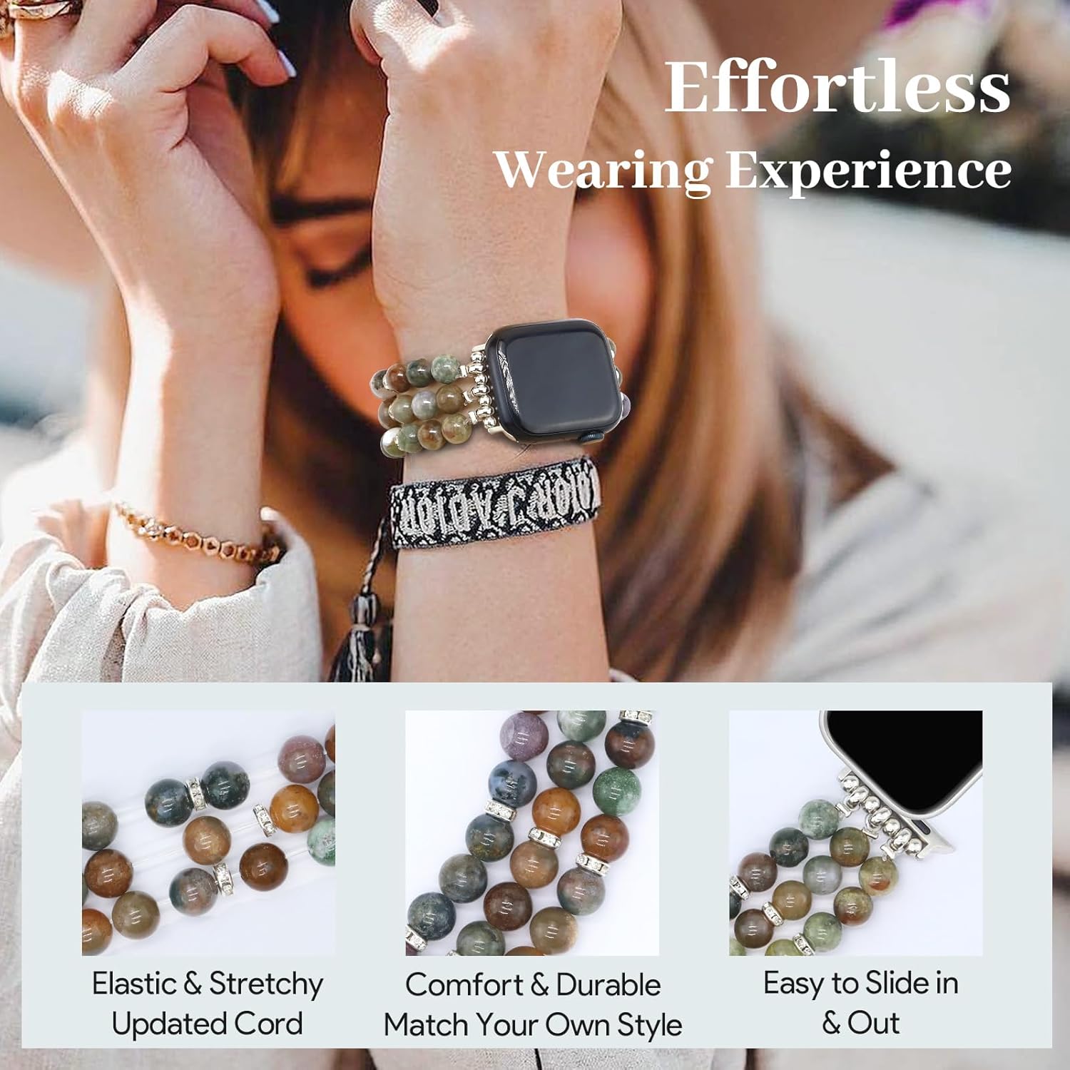 JR.DM Natural Stone Beaded-Bands Women Compatible with Apple Watch Series 11 10 9 8 7 6 5 4 SE 3 2 1 Fashion Stretch Handmade Bracelet Fancy Boho Elastic Strap for iWatch 38/40/41/42mm(S10/11) Gift - Image 7