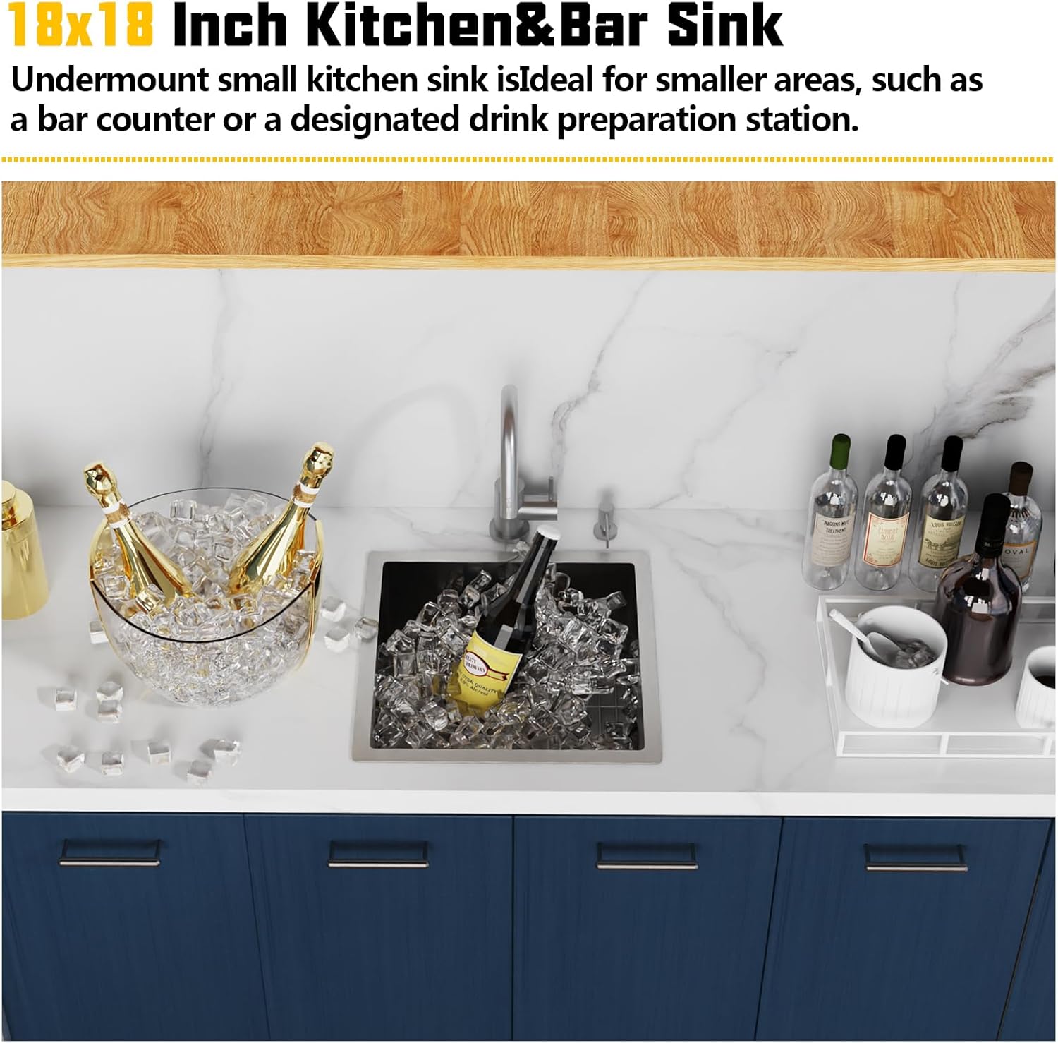 small kitchen sink,18x18 in bar sink stainless steel undermount small kitchen sink ideal choice for small space nice as undermount prep sink,rv kitchen sink with bottom grid,silicon mat and drain set 18x18 stainless