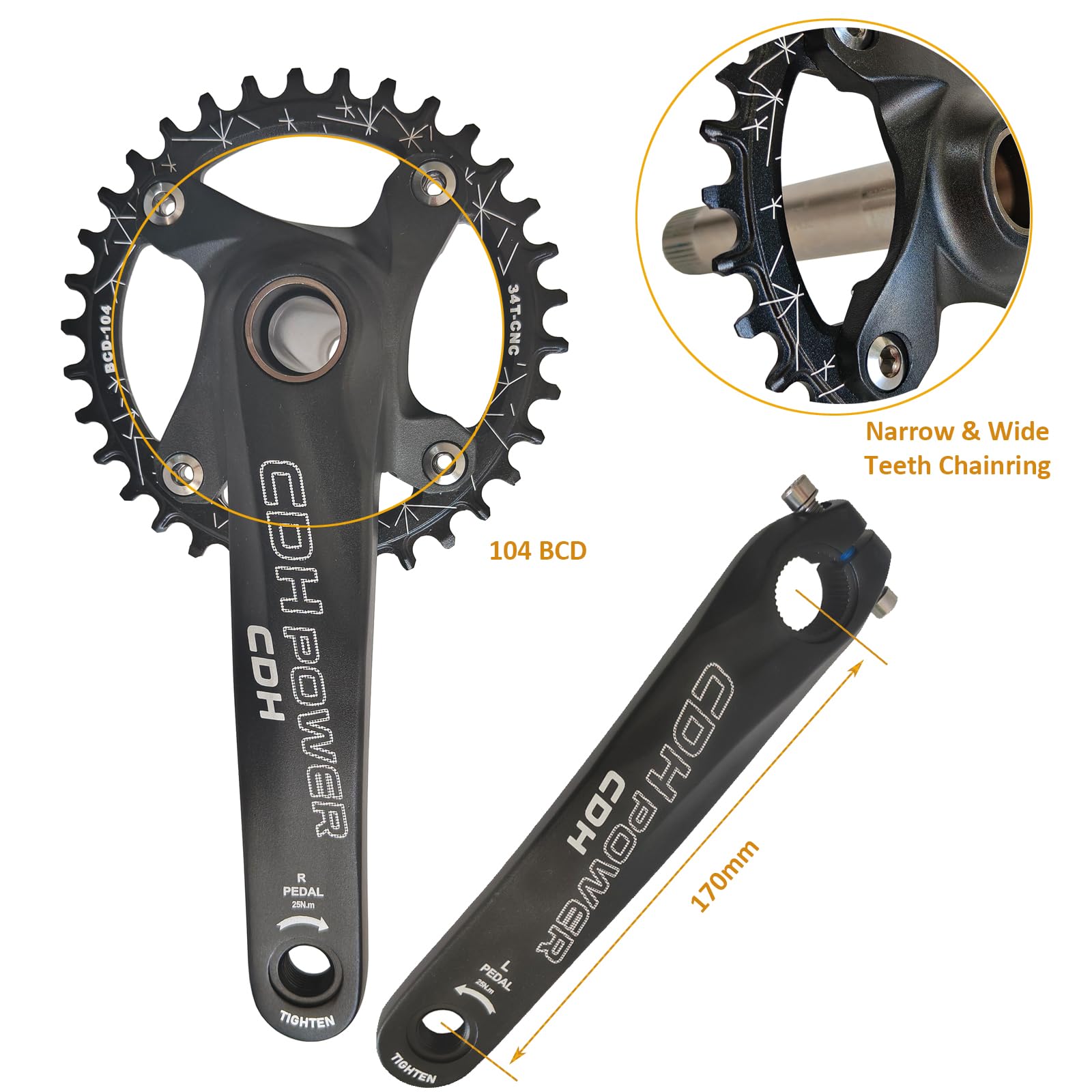 Guarnitura per mountain bike 104 BCD 34T 170 mm, set di pedivelle per mountain bike, guarnitura in lega di alluminio, corona rotonda con bulloni per movimento centrale (nero)