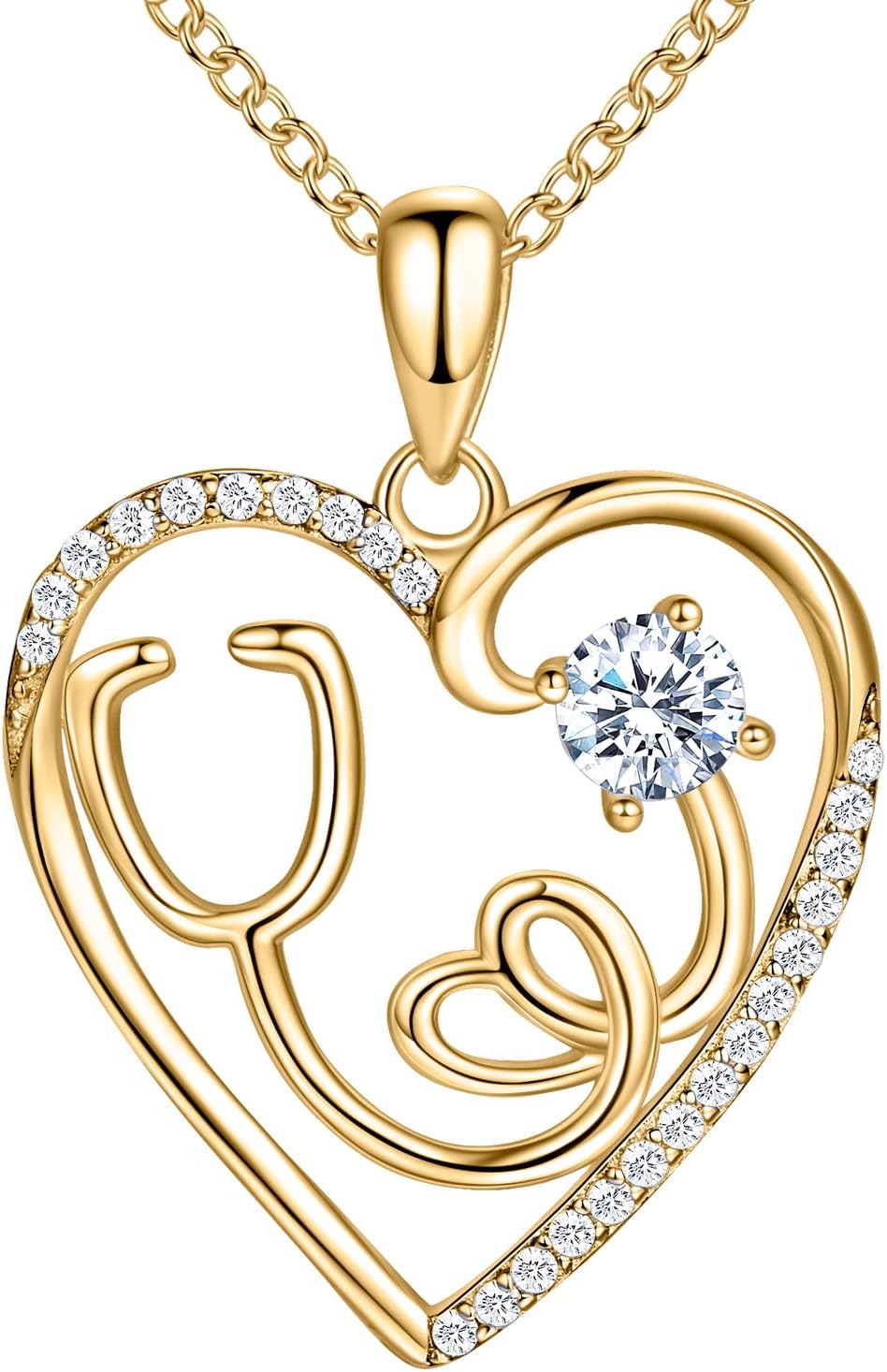 AmorAime 925 Sterling Silver Heart Necklace Nurse Birthstone Necklace 14K Gold Plated or Rose Gold Plated Stethoscope Necklaces for Doctor Medical RN for Festival or Holiday