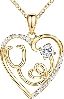 925 Sterling Silver Heart Necklace Nurse Birthstone Necklace 14K Gold Plated or Rose Gold Plated Stethoscope Necklaces for Doctor Medical RN for Festival or Holiday