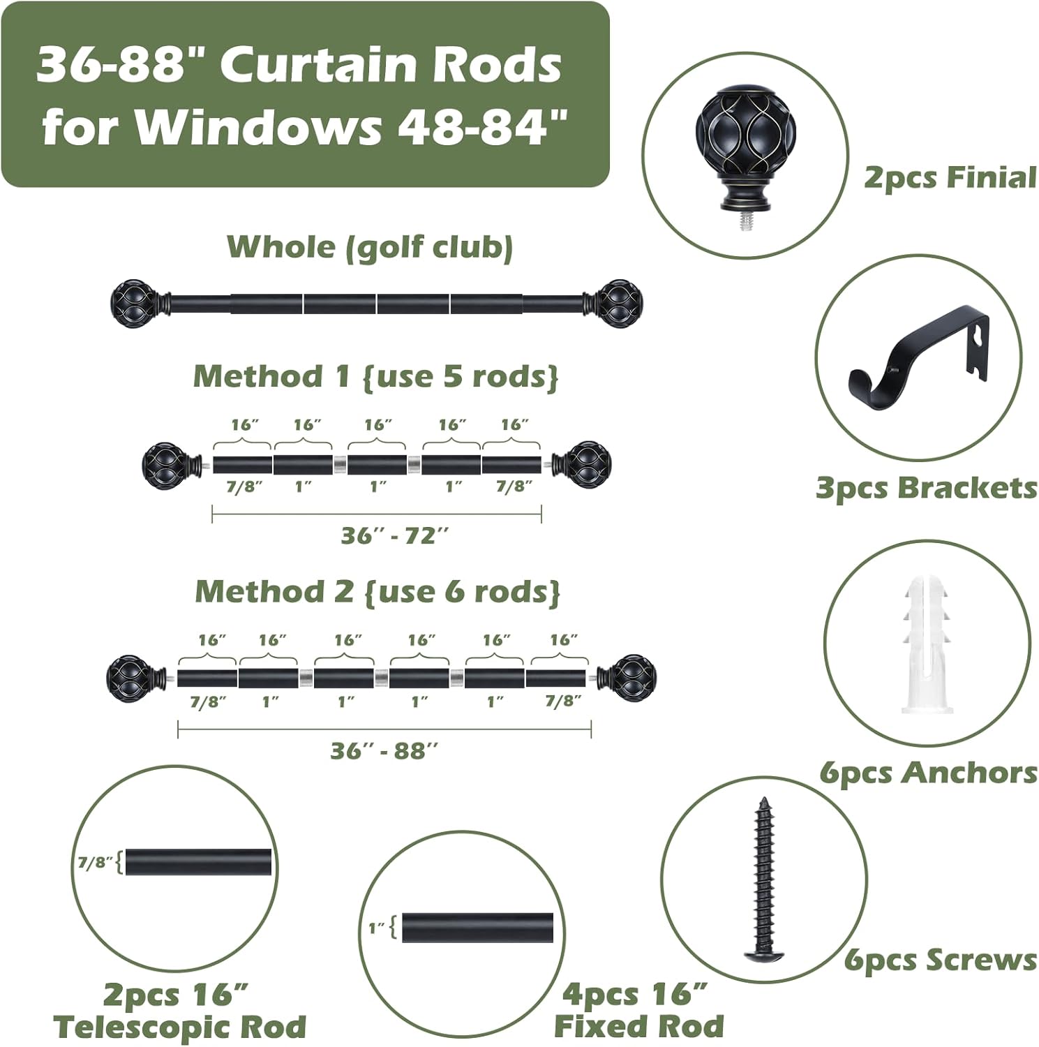 Black Curtain Rods for Windows:Farmhouse Boho Decorative Curtain Rod for Bedroom Living Room,Heavy Duty Adjustable Rustic Drapery Rods Set with Vintage Coastal Texture Finials,Matte Black 36-88"