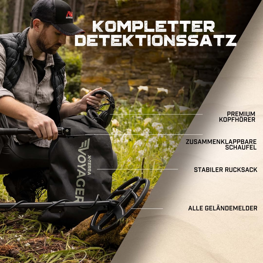 Minelab X-Terra Voyager - All-Terrain Profi-Metalldetektor für Erwachsene mit wasserdichter Suchspule, 4 Modi, klarer Ziel-ID, Kopfhörern, Rucksack und Schaufel - (Forrest, Grün)