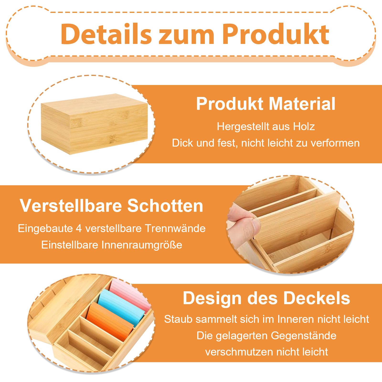 A7 Karteikarten Box Holz, 22x12,6x9cm Holzkarten Vokabelbox mit Deckel, Holzbox Card Storage Box mit 4 Herausnehmbar Trennwänden und 400 Stück Haftnotizen, Lernkarteibox Holz(Inklusive Index Cards)