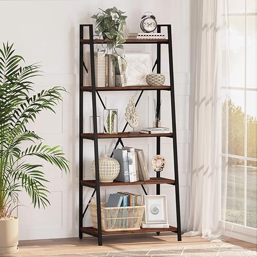 Miniatura 1 de BON AUGURE Ladder Shelf Bookcase, 5-Tier Industrial Ladder Bookshelf, Tall Living Room Shelves, Wood and Metal Leaning Shelf for Home Office,